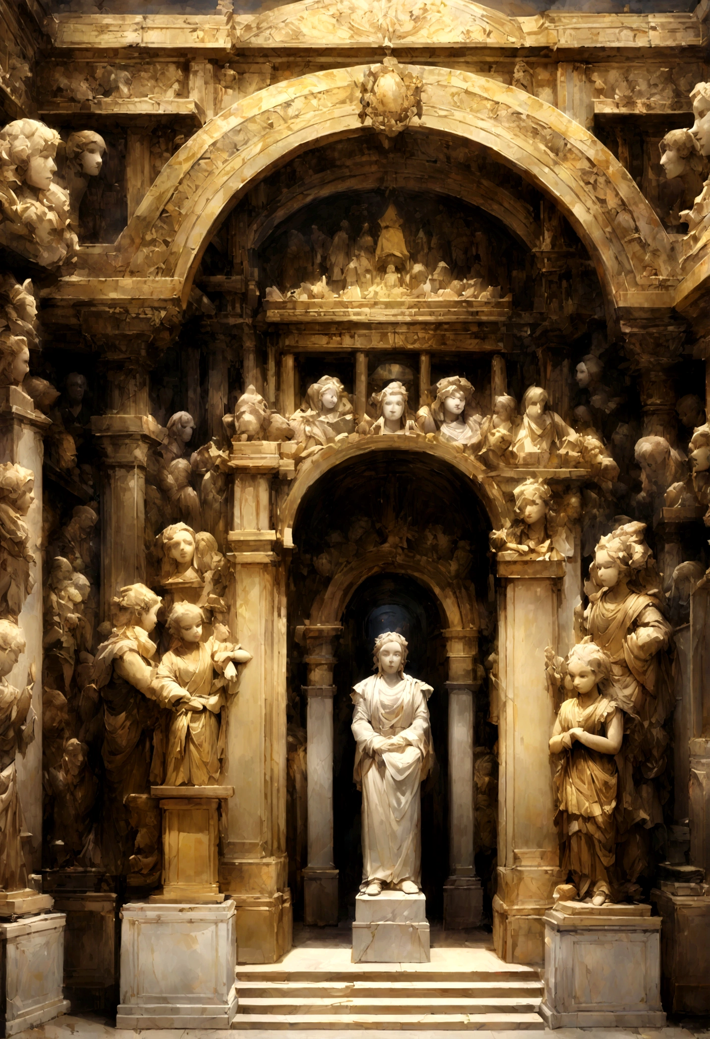Rococo palace,,Huge oil painting adorns the top,Marble statues decorate the walls,High Definition,sunny,Full of details,Greek Temple,5 door openings,Front view,There is a top