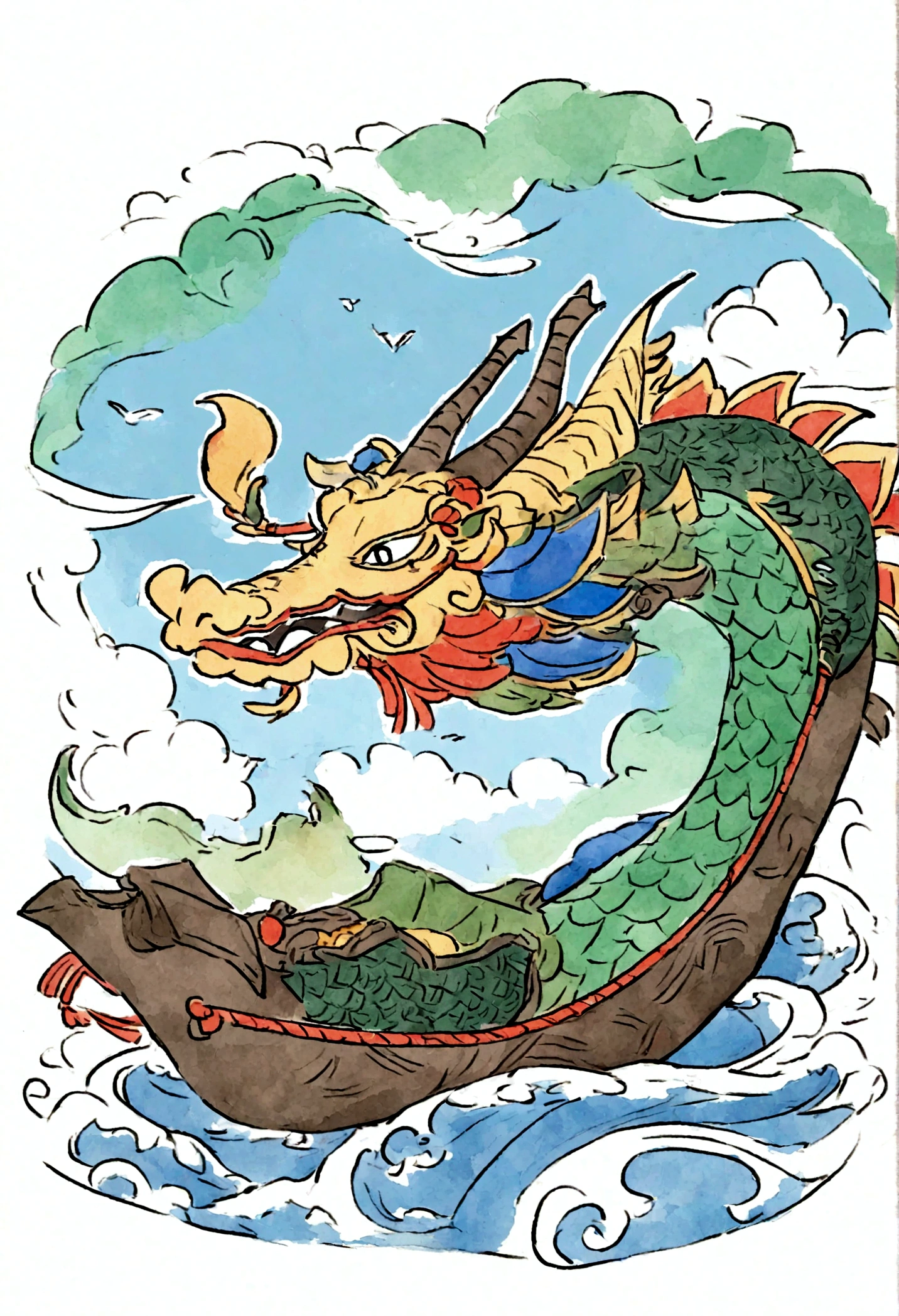 A cute dragon boat floating on a river, in a crayon drawing style, with a rough, doodle-like appearance. The dragon boat is shown from a side-front view, fully visible, and decorated with traditional Chinese patterns. It has a colorful dragon head at the front. The boat has paddles on both sides, but no people on it. The river has gentle waves, and the background includes green trees and blue sky with fluffy clouds