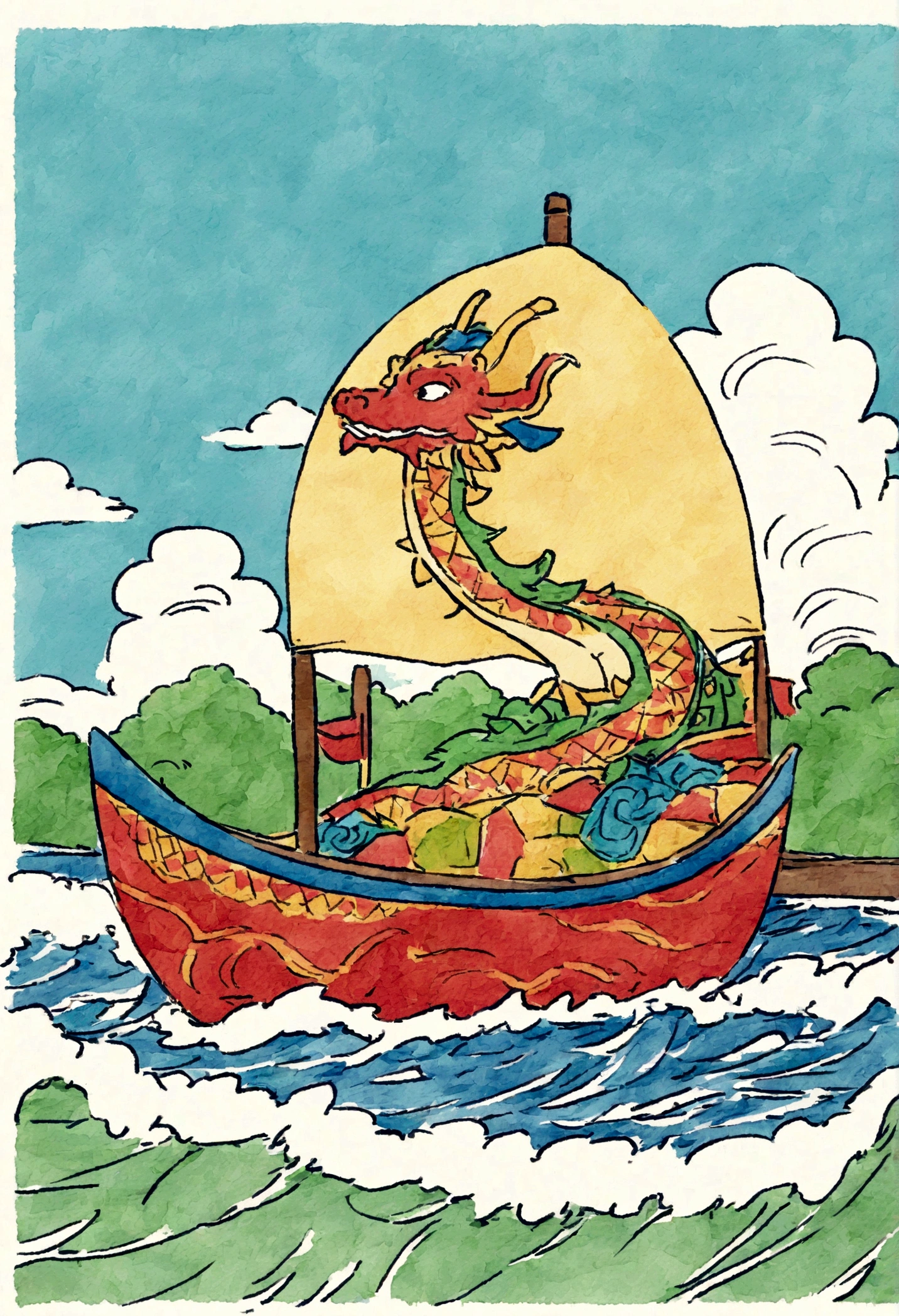 A cute dragon boat floating on a river, in a crayon drawing style, with a rough, doodle-like appearance. The dragon boat is shown from a side-front view, fully visible, and decorated with traditional Chinese patterns. It has a colorful dragon head at the front. The boat has paddles on both sides, but no people on it. The river has gentle waves, and the background includes green trees and blue sky with fluffy clouds
