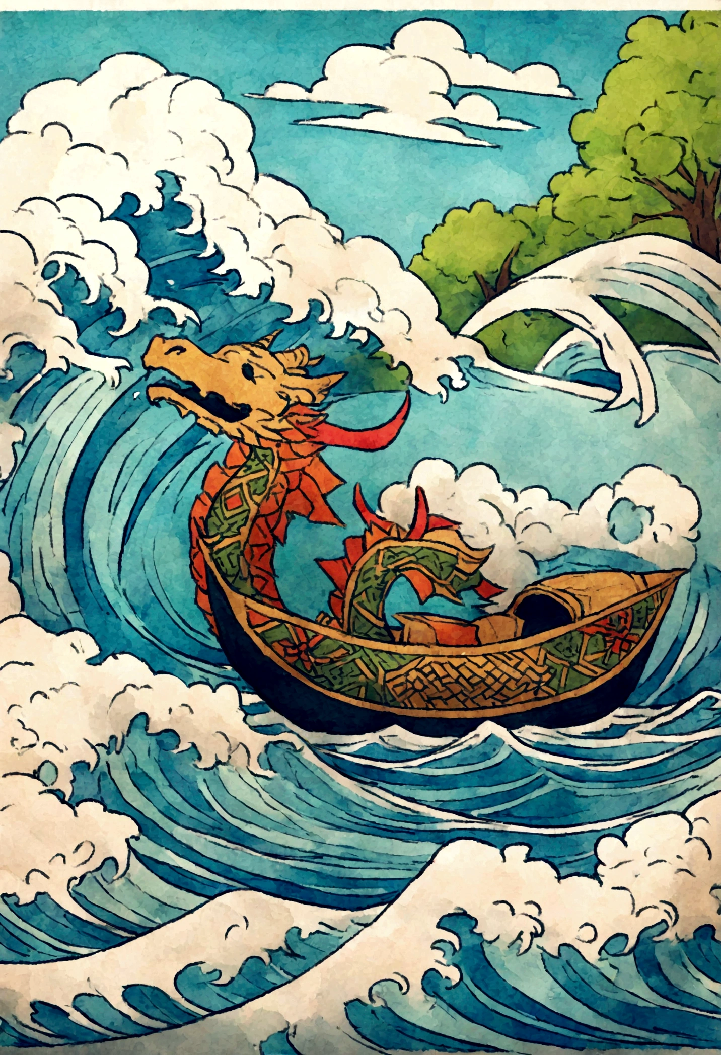 A cute dragon boat floating on a river, in a crayon drawing style, with a rough, doodle-like appearance. The dragon boat is shown from a side-front view, fully visible, and decorated with traditional Chinese patterns. It has a colorful dragon head at the front. The boat has paddles on both sides, but no people on it. The river has gentle waves, and the background includes green trees and blue sky with fluffy clouds