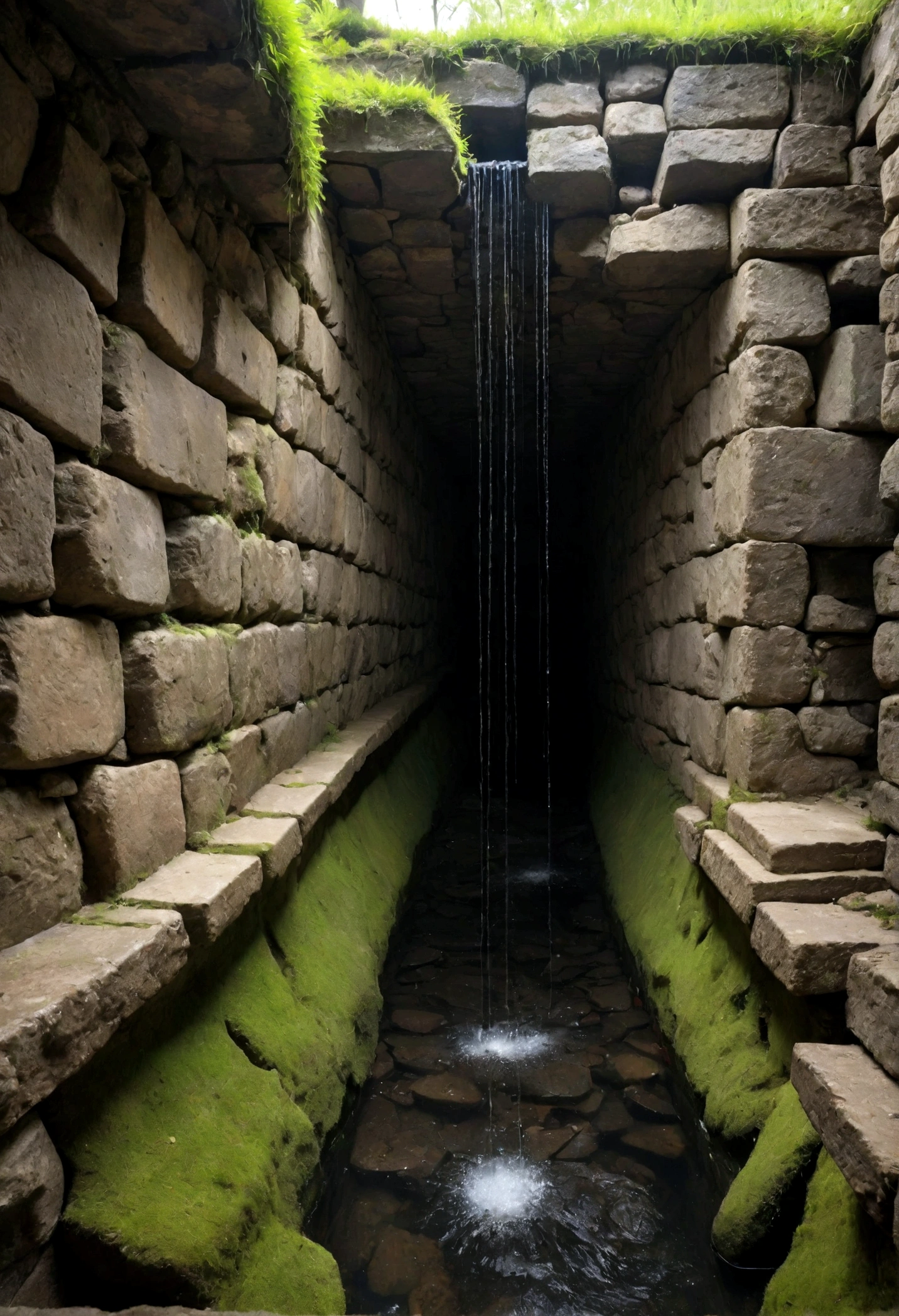 ((stone walls underground with iron metal rods)), wet walls, leaking walls,