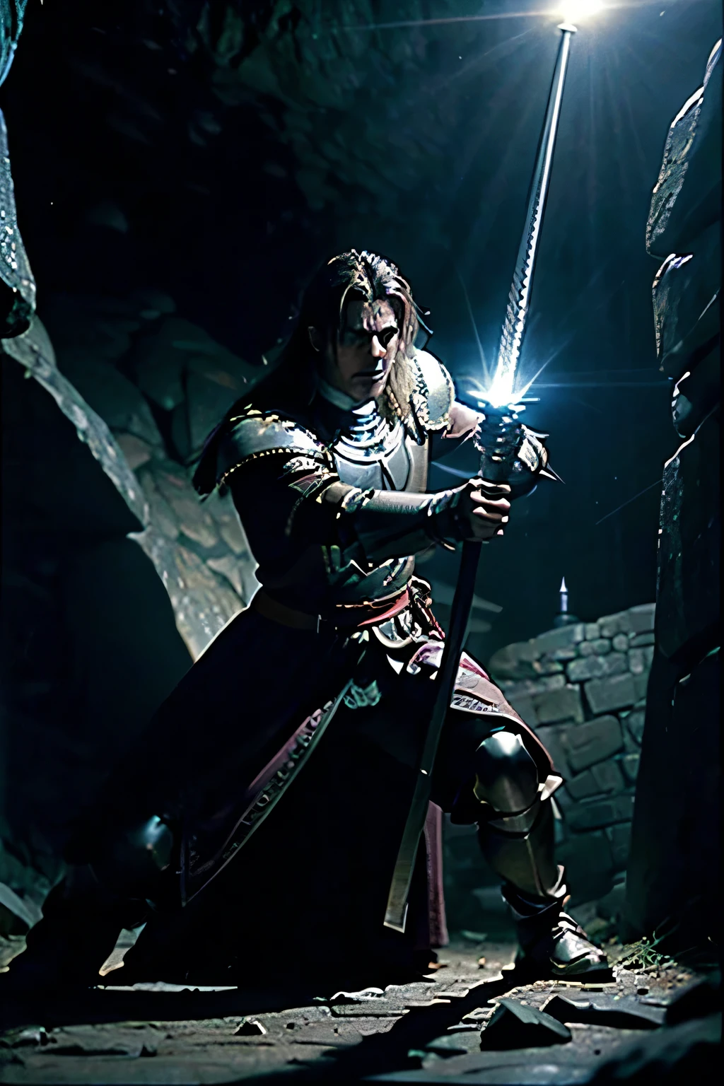 dvd screengrab, from 1982 dark fantasy film, "excalibur", A brave man, dressed in detailed medieval attire, wields a gleaming sword as he battles a menacing skeleton in a shadowy cave. The skeleton, with bleached bones and eyes glowing with a sinister light, lunges at the hero. The cave, with its damp stone walls and threatening stalactites, is illuminated only by torches casting dancing shadows. The scene is captured with a grainy image quality typical of old films --ar 3:2