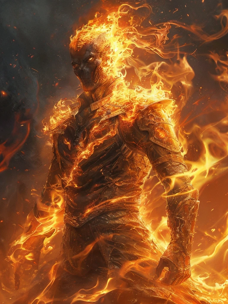a giraffe in a fire suit with a sword in his hand, ghost rider, human torch, fire elemental, (best quality,4k,8k,highres,masterpiece:1.2),ultra-detailed,(realistic,photorealistic,photo-realistic:1.37), epic digital concept art, wojtek fus, flame conjuring armored, cyberpunk flame suit, tomasz alen kopera and cgsociety, pyromancer, abstract painting of man on fire, vivid colors, dramatic lighting, cinematic composition, intricate details, powerful pose, intense expression, glowing embers, swirling flames, dystopian setting, moody atmosphere