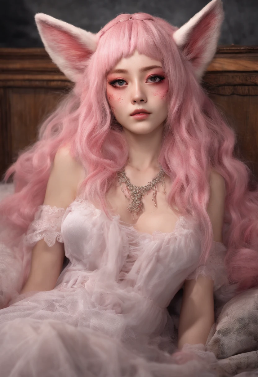 A 25-year-old nine-tailed demon fox woman,Foxy eyes,Long pink hair above waist,Wear ancient transparent tulle,Lying on my side on the wooden bed and looking in front of me,