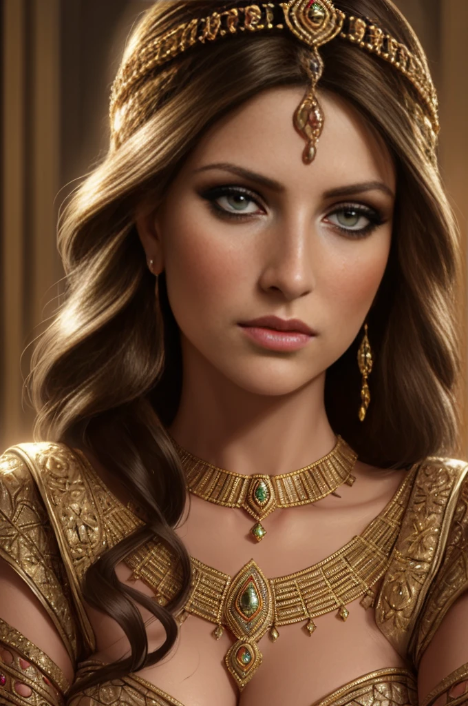 beautiful detailed woman,brunette hair,babylonian queen,highly detailed portrait,photorealistic,4k,8k,photo-realistic,extremely detailed face and eyes,long eyelashes,detailed makeup,jewelry,beautiful detailed dress,historical,cinematic lighting,warm colors,chiaroscuro,dramatic,elegant,regal, revealing her luscious body, perfect curves 