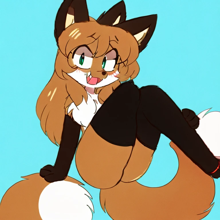 uploaded the e621, beautiful and detailed, woman (((female))) ((anthro)) Fox, (Averi, Fox girl), cinematic lighting, Fox, (anthro, fluffy fur), anthro fox girl, body fur, curvy, sexy, nice, cute, hot, comfortable anime-style cartoon-style, digital drawing, SFW, flat chest, green eyes, nervous smile, sassy, sassy hips, friendly smile, happy cute smile, fangs, looking at viewer, simple background, thigh highs, raised leg