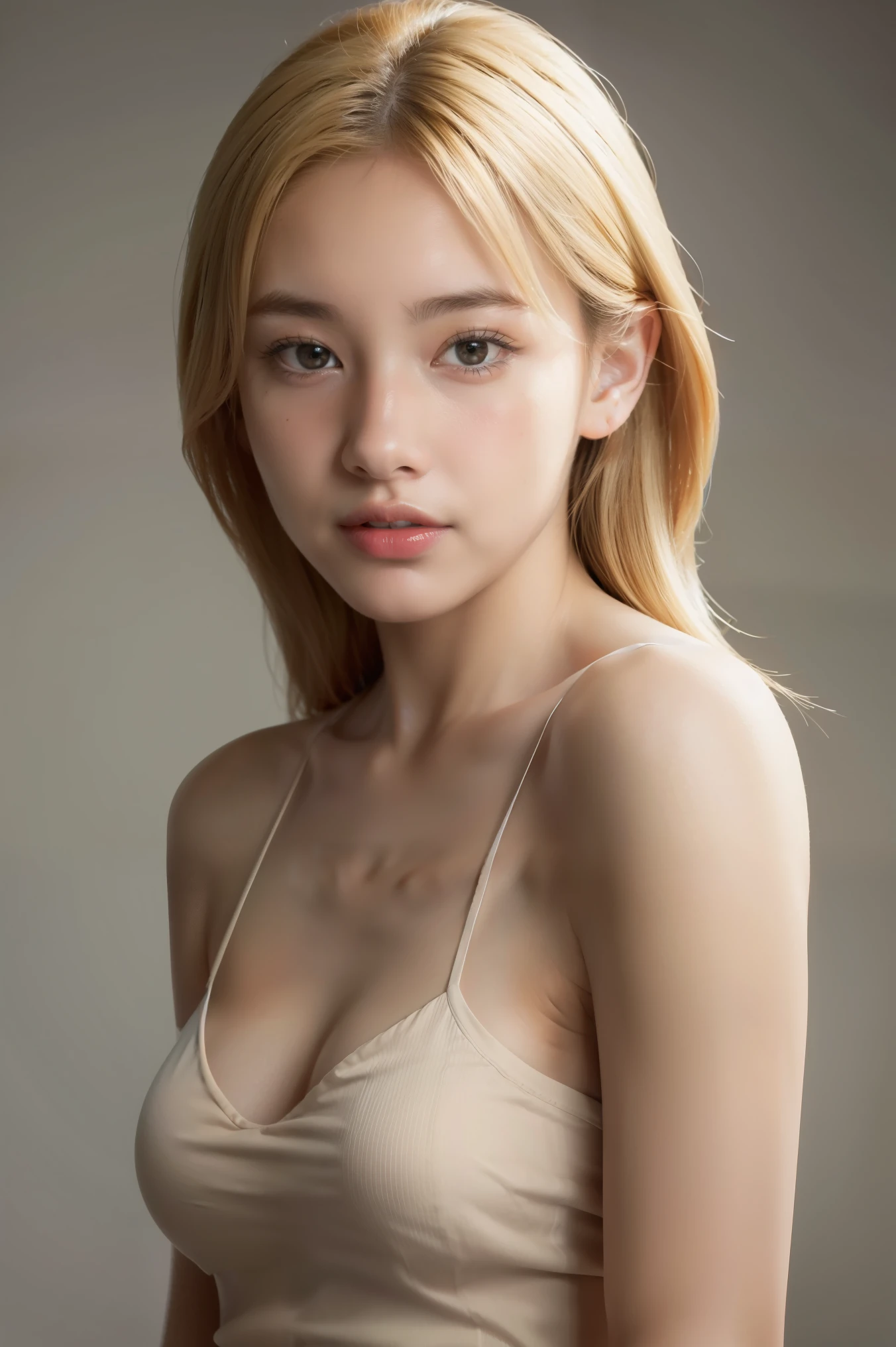 (realistic), (hyperrealism),best quality, masterpiece,ultra high res, (photorealistic:1.4),1girl,simple background, upper body,bare shoulders,blonde,
