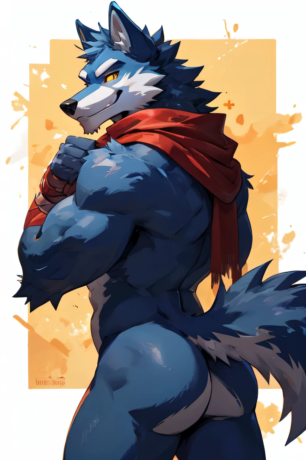 adult male, anthro wolf, nude, dat ass, big butt, looking at viewer, looking back at viewer, grin, grinning at viewer, arrogant expression, smug, blue body, blue fur, black mouth, yellow sclera, red scarf, wrist wraps, wolf tail, blue tail, athletic male,