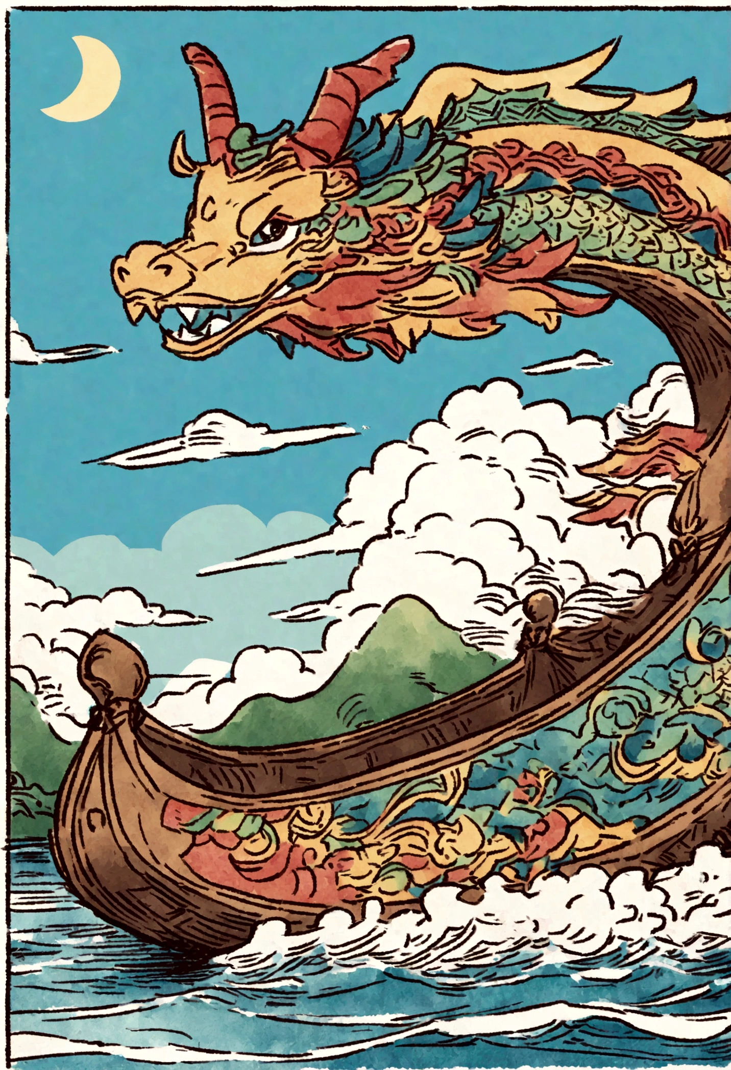 A cute dragon boat floating on a river, in a crayon drawing style, with a rough, doodle-like appearance. The dragon boat is shown from a side-front view, fully visible, and decorated with traditional Chinese patterns. It has a colorful dragon head at the front. The boat has paddles on both sides, but no people on it. The river has gentle waves, and the background includes green trees and blue sky with fluffy clouds