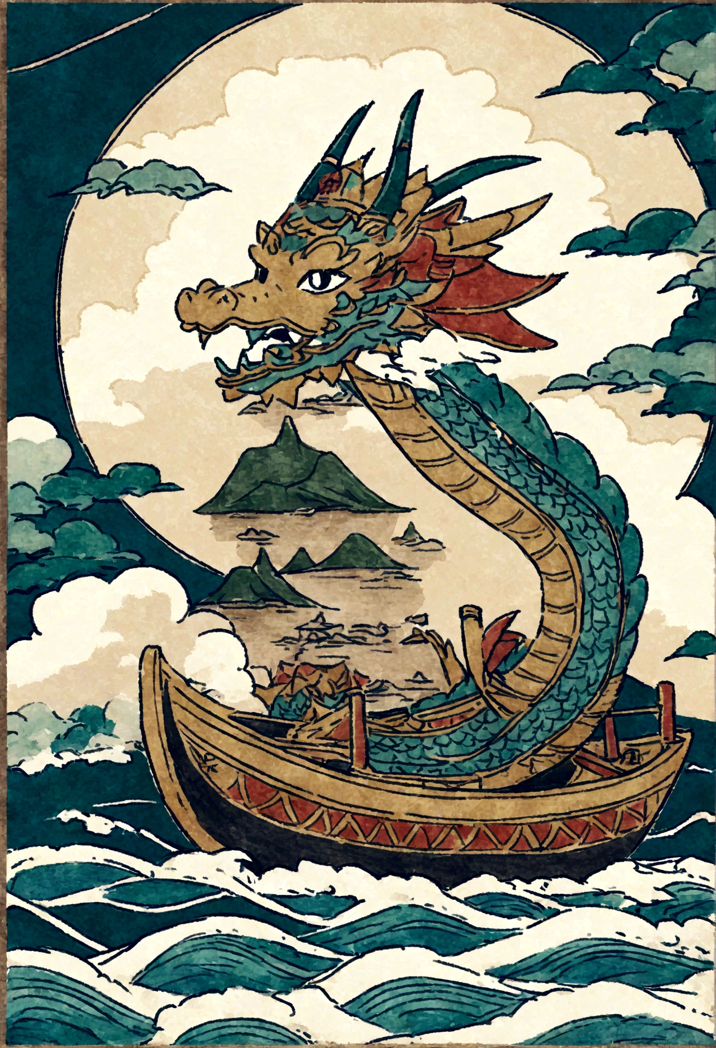 A cute dragon boat floating on a river, in a crayon drawing style, with a rough, doodle-like appearance. The dragon boat is shown from a side-front view, fully visible, and decorated with traditional Chinese patterns. It has a colorful dragon head at the front. The boat has paddles on both sides, but no people on it. The river has gentle waves, and the background includes green trees and blue sky with fluffy clouds