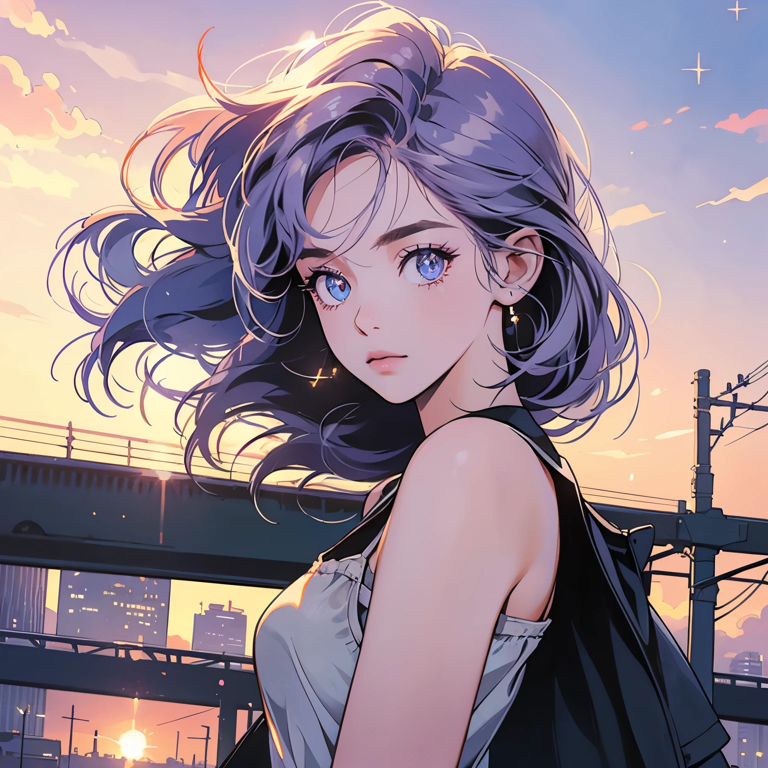 upper body, 1 woman, top quality, 8K, wind blowing,White camisole, sunset, future city, skyscraper, power lines, crosswalk, sign, railroad tracks, train station, (((sparkling eyes))), (((mysterious))), light purple gratation hair, detailed hair, complex background, detailed details, light lighting, backlight, dim, clouds in sky, Front, (((low view shot))), (((Various angles))), (((Various hairstyles))), looking at viewer