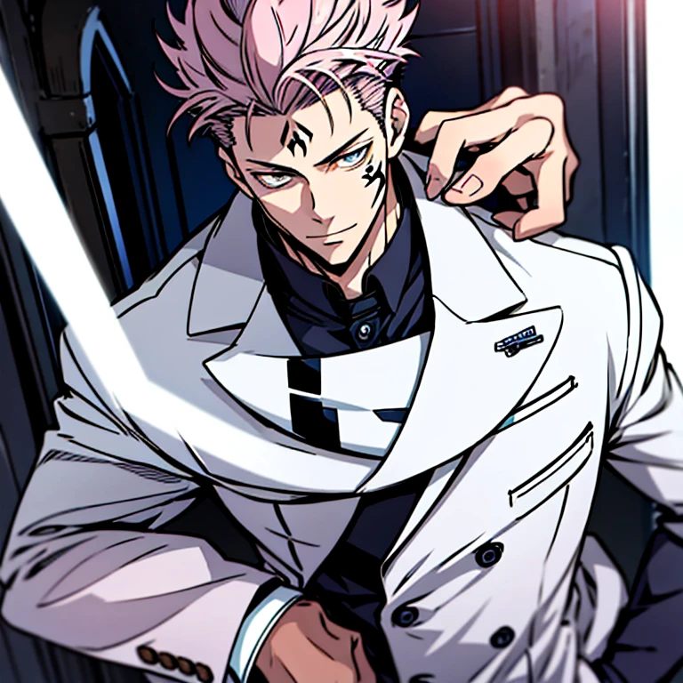 (tmasterpiece, best qualityer: 1.2), malefocus, 2boys, Sukuna, tattoo_On_his_face, male, full bodyesbian, Black leather jacket, Black leather tie, leather gloves, Kento Nanami, blue shirt, black tie, white suit jacket, white suit pants, white leather gloves, A pink-haired, cow boy shot, 8K, super detailing, hands in pockets, Sukuna kissing Nanami, Nanami kissing Sukuna, tightsuit,inside the house,