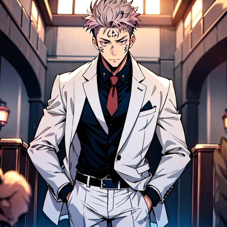 (tmasterpiece, best qualityer: 1.2), malefocus, 2boys, Sukuna, tattoo_On_his_face, male, full bodyesbian, Black leather jacket, Black leather tie, leather gloves, Kento Nanami, blue shirt, black tie, white suit jacket, white suit pants, white leather gloves, A pink-haired, cow boy shot,  8K, super detailing, hands in pockets, Sukuna kissing Nanami, Nanami kissing Sukuna, tightsuit,inside the house，