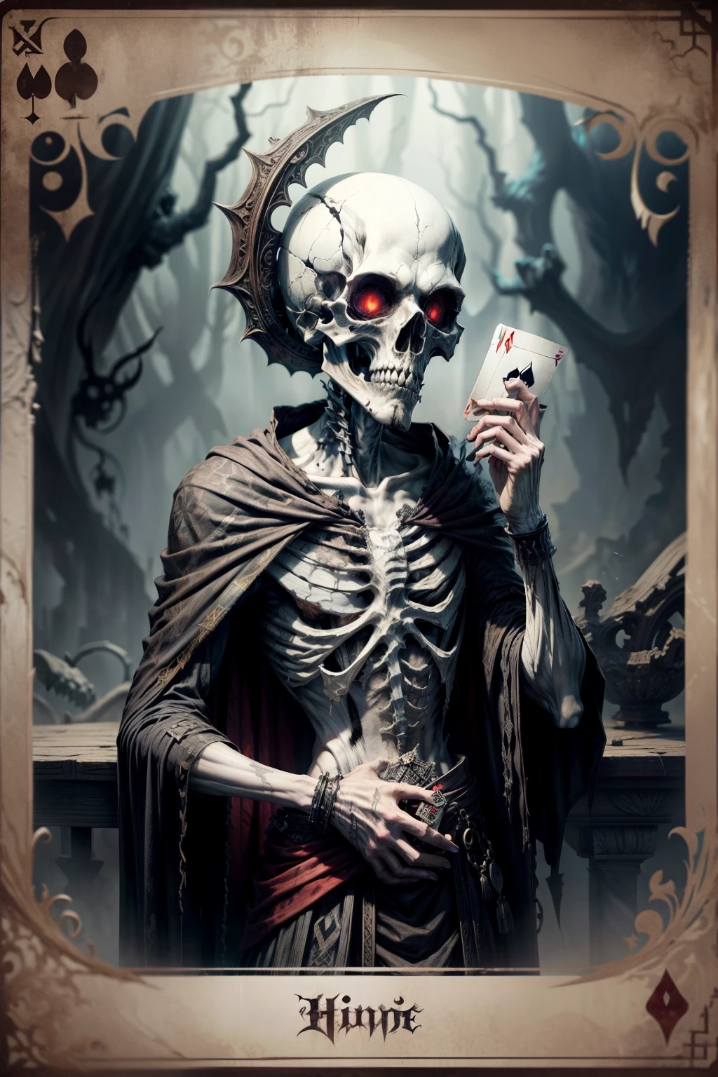 A cadaverous hand, emaciated and bone-white, clutches a macabre playing card, its edge worn and faded, as if plucked from a deck accidentally dropped at a long-forgotten ball. The card, adorned with grotesque glyphs and sinister symbols, seems to drip with an otherworldly, shadowy aura, hinting at a game that might never end.