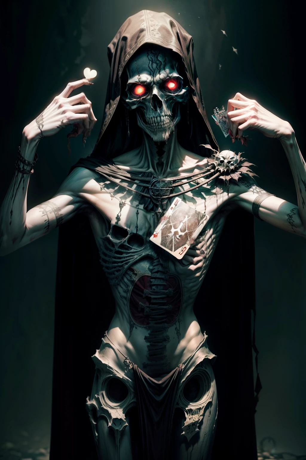A cadaverous hand, emaciated and bone-white, clutches a macabre playing card, its edge worn and faded, as if plucked from a deck accidentally dropped at a long-forgotten ball. The card, adorned with grotesque glyphs and sinister symbols, seems to drip with an otherworldly, shadowy aura, hinting at a game that might never end.