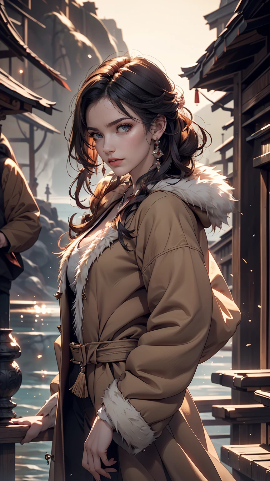 Chris (Sharp focus:1.2), photograph, Attractive Young Woman, (Beautiful Face:1.1), Fine grain, Seductive lips, (Smokey Eye Makeup:0.85), wear (Fur coat:1.2) To (Cliff Side:1.2). (Moody lighting:1.2), Depth of written boundary, Bokeh, 4K, High resolution. Toよる (James C. Chrisテンセン:1.2|Jeremy Lipking:1.1).