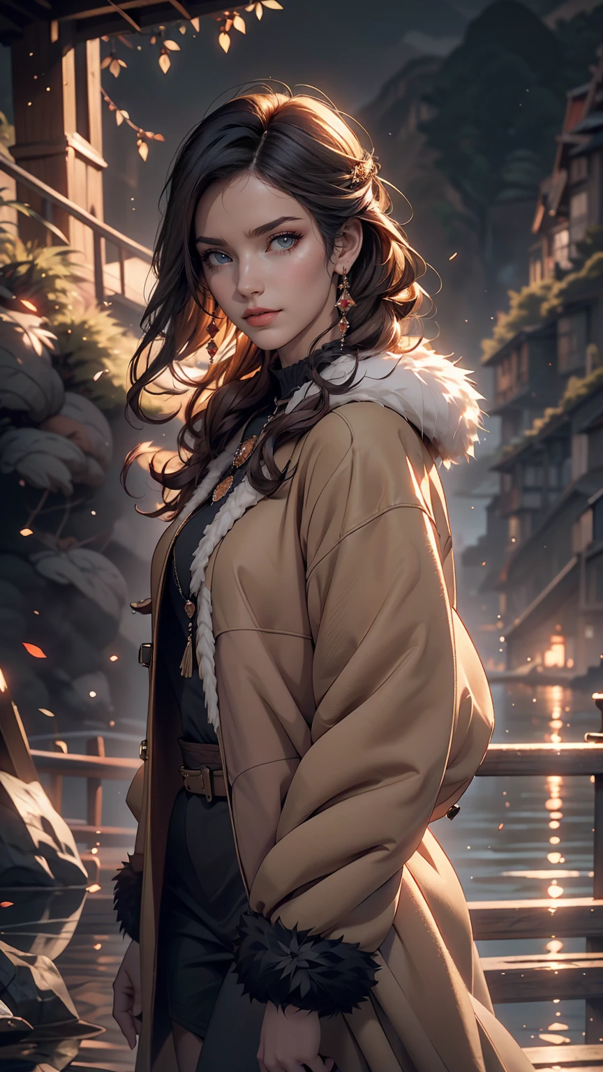 Chris (Sharp focus:1.2), photograph, Attractive Young Woman, (Beautiful Face:1.1), Fine grain, Seductive lips, (Smokey Eye Makeup:0.85), wear (Fur coat:1.2) To (Cliff Side:1.2). (Moody lighting:1.2), Depth of written boundary, Bokeh, 4K, High resolution. Toよる (James C. Chrisテンセン:1.2|Jeremy Lipking:1.1).