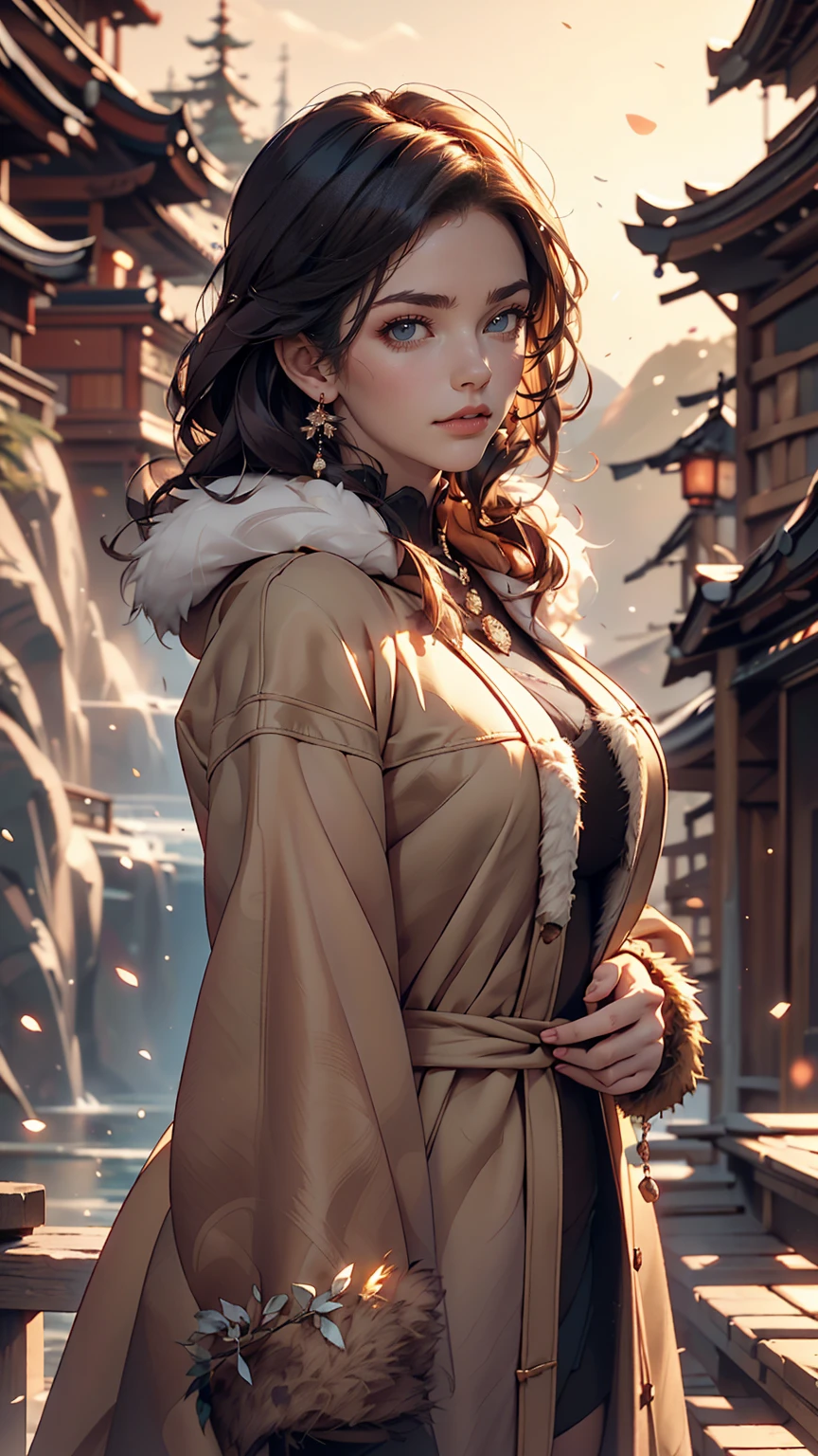 Chris (Sharp focus:1.2), photograph, Attractive Young Woman, (Beautiful Face:1.1), Fine grain, Seductive lips, (Smokey Eye Makeup:0.85), wear (Fur coat:1.2) To (Cliff Side:1.2). (Moody lighting:1.2), Depth of written boundary, Bokeh, 4K, High resolution. Toよる (James C. Chrisテンセン:1.2|Jeremy Lipking:1.1).