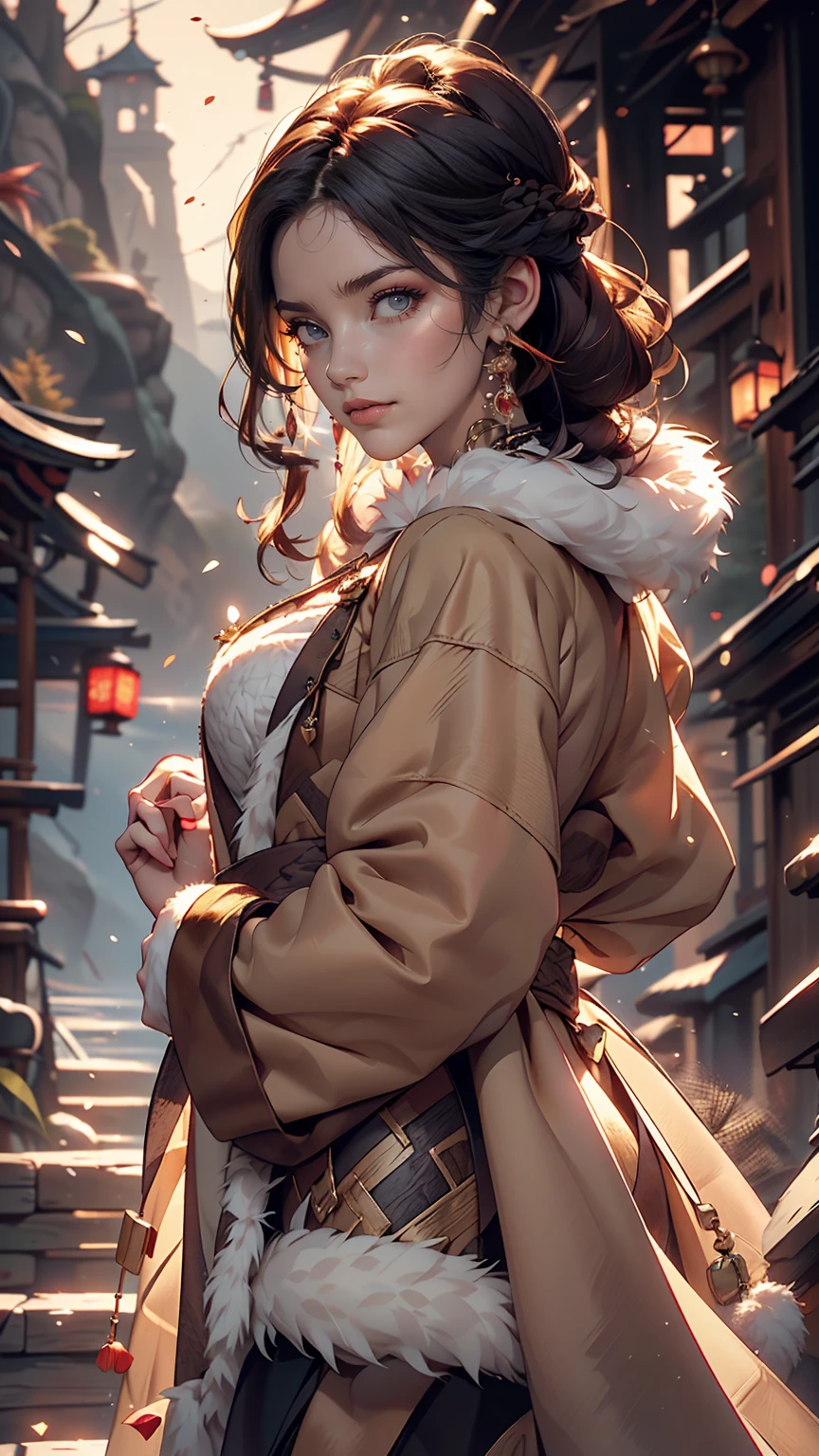 Chris (Sharp focus:1.2), photograph, Attractive Young Woman, (Beautiful Face:1.1), Fine grain, Seductive lips, (Smokey Eye Makeup:0.85), wear (Fur coat:1.2) To (Cliff Side:1.2). (Moody lighting:1.2), Depth of written boundary, Bokeh, 4K, High resolution. Toよる (James C. Chrisテンセン:1.2|Jeremy Lipking:1.1).