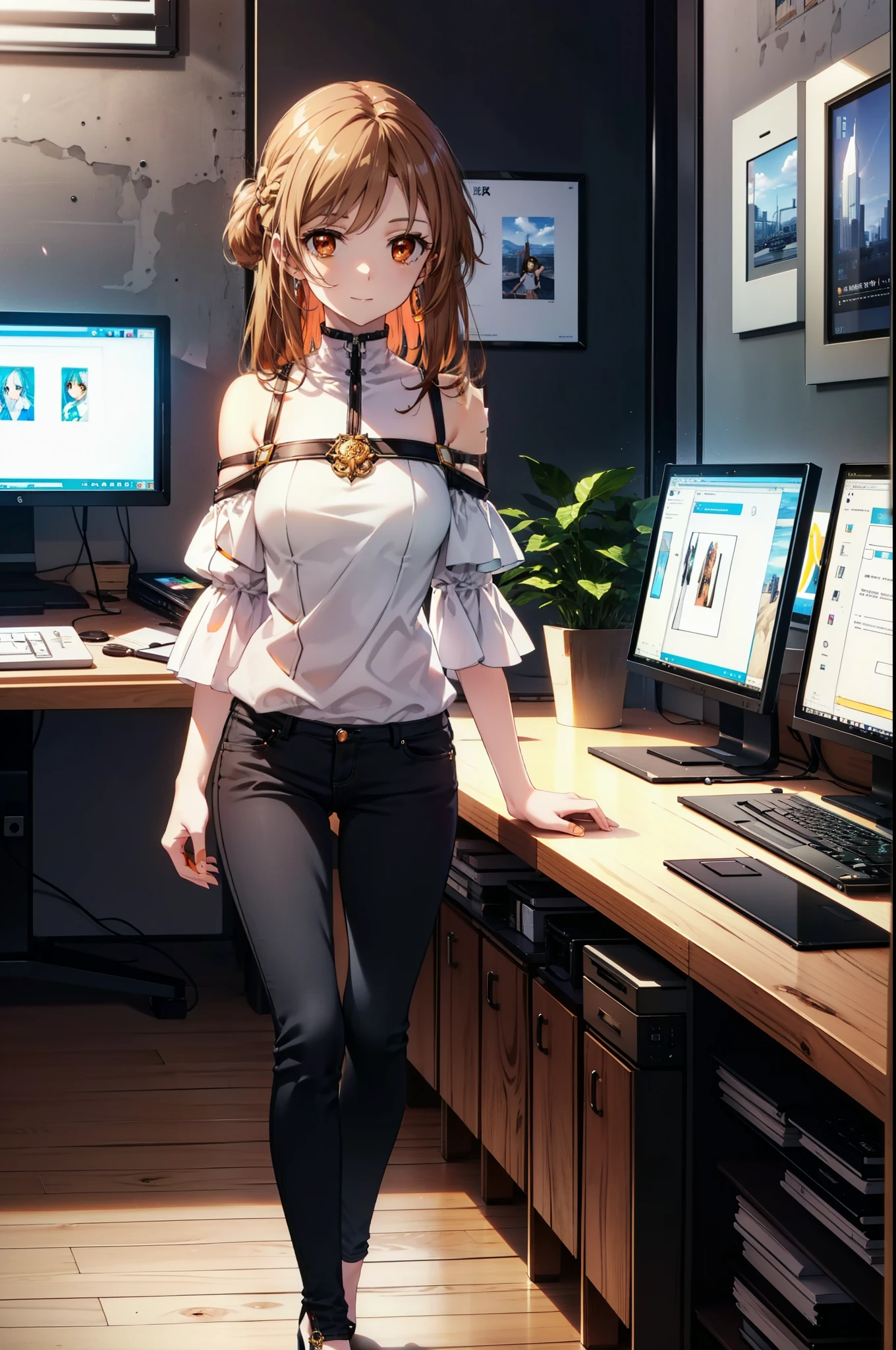 a sun ayuuki, a sun a yuuki, Long Hair, Brown Hair, (Brown eyes:1.8),smile,
Cold shoulder tops,skinny pants,Stiletto heels,Walking,There is a computer on the table,whole bodyがイラストに入るように,
break 8ndoors, オフィス
break looking at viewer, whole body,
break (masterpiece:1.2), highest quality, High resolution, unity 8k wallpaper, (figure:0.8), (Beautiful fine details:1.6), Highly detailed face, Perfect lighting, Highly detailed CG, (Perfect hands, Perfect Anatomy),