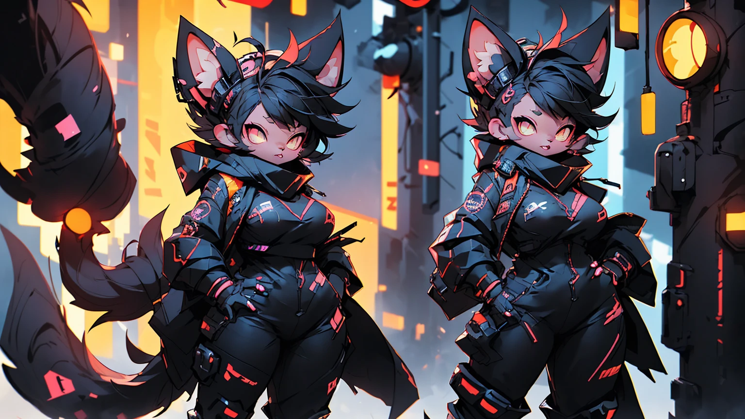 black cat personification cyberpunk black shirt Super huge big breasts breast enlargement neon cloak hairy a person standing alone in the sci-fi city depth of field, Blurred background,
