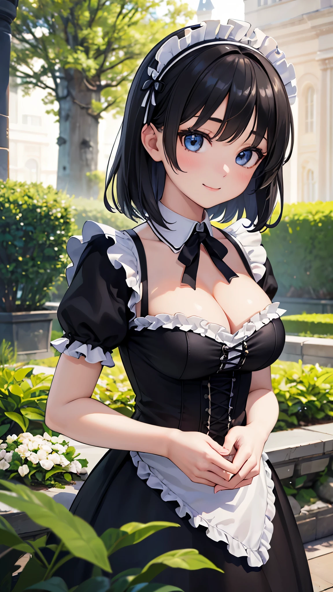 masterpiece、超High resolution、(realism:1.4)、Raw photo、1. Mature Woman、1. Mature Woman、(High resolution、4K、Detailed lighting、Shaders、Perfect Anatomy、Perfect proportions)、In the eye of the beholder、 Very detailed、(Real、Real、realism:1.37)、(highest quality、超High resolution、Super fine) 、(Real、realism:1.4)、(highest quality:1.2)、Perfect Eyes、Perfect Face、Perfect lighting、(highest quality、4K、8K、High resolution)、Very detailed、(Real、Photorealistic、Photorealistic) : 1.37)、Very detailed、(Real、Photorealistic、Photorealistic: 1.5)、highest quality、Super detailed、highest quality、High resolution、32K CG、Very delicate and beautiful、An illustration、High resolution、Sharp Focus、Front lighting、Glow、One Girl、solo、smile、very beautiful and detailed anime face、Very detailedなゲーム CG キャラクターの目、((masterpiece))、((highest quality) ))、(Super detailed)、((Very detailed))、4K、(8K)、highest quality、((Real、3D、3D)))、((1 girl in gothic ta maid outfit、Beautiful breasts、Accentuate the cleavage、Short black hair、Inside the mansion、Garden))