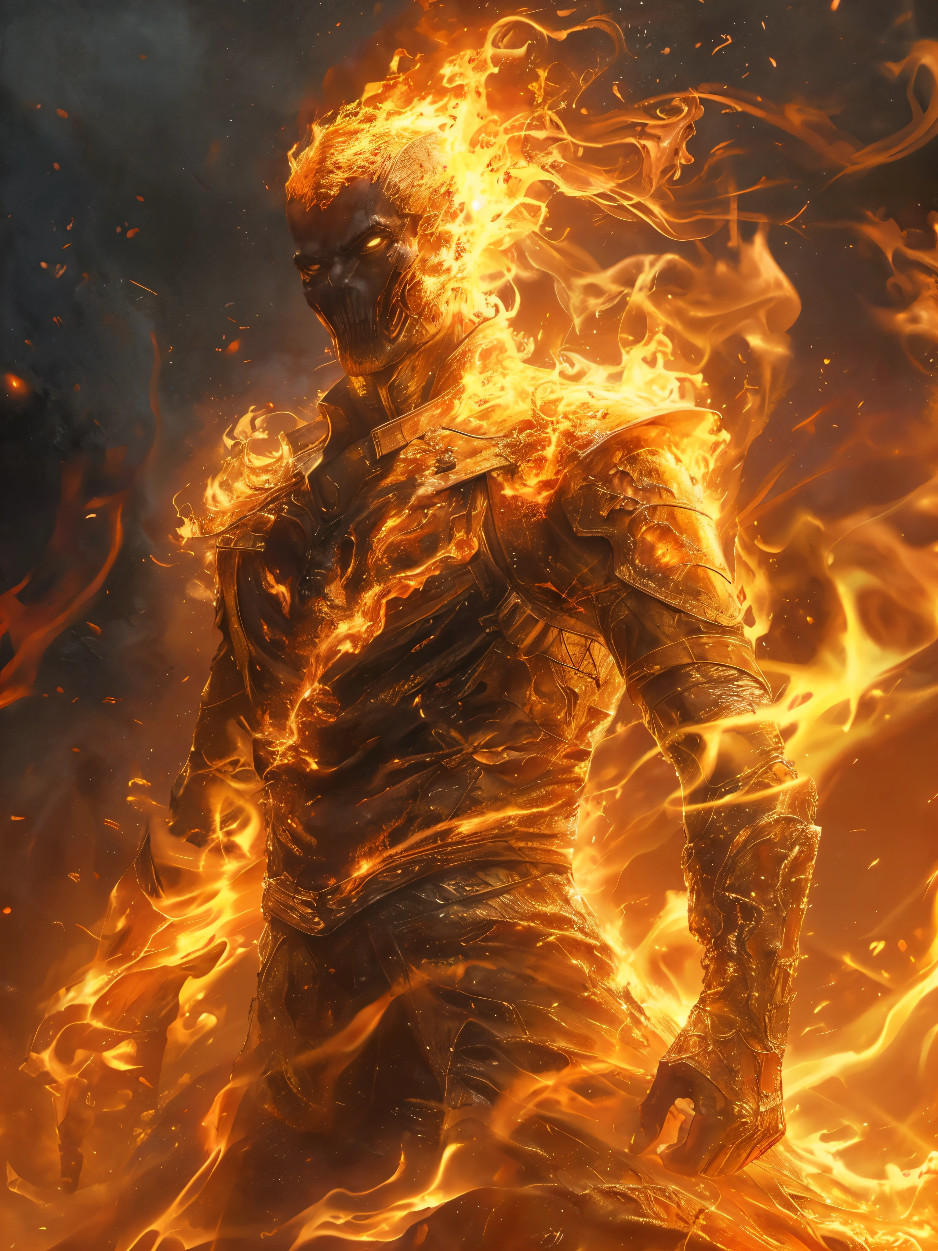 a giraffe in a fire suit with a sword in his hand, ghost rider, human torch, fire elemental, (best quality,4k,8k,highres,masterpiece:1.2),ultra-detailed,(realistic,photorealistic,photo-realistic:1.37), epic digital concept art, wojtek fus, flame conjuring armored, cyberpunk flame suit, tomasz alen kopera and cgsociety, pyromancer, abstract painting of man on fire, vivid colors, dramatic lighting, cinematic composition, intricate details, powerful pose, intense expression, glowing embers, swirling flames, dystopian setting, moody atmosphere