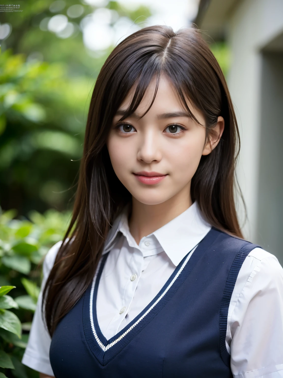 (school uniform:1.5), (Photorealistic:1.4), (Best quality:1.0), (Ultra-high resolution:1.0), 8K, RAW photo, (Masterpiece:0.2), Ultra-detailed, Close short, 1girll, Beautiful skin, Detailed skin, view the viewer, full bodyesbian, (Long hair:1), Smile, (Closed mouth:1)