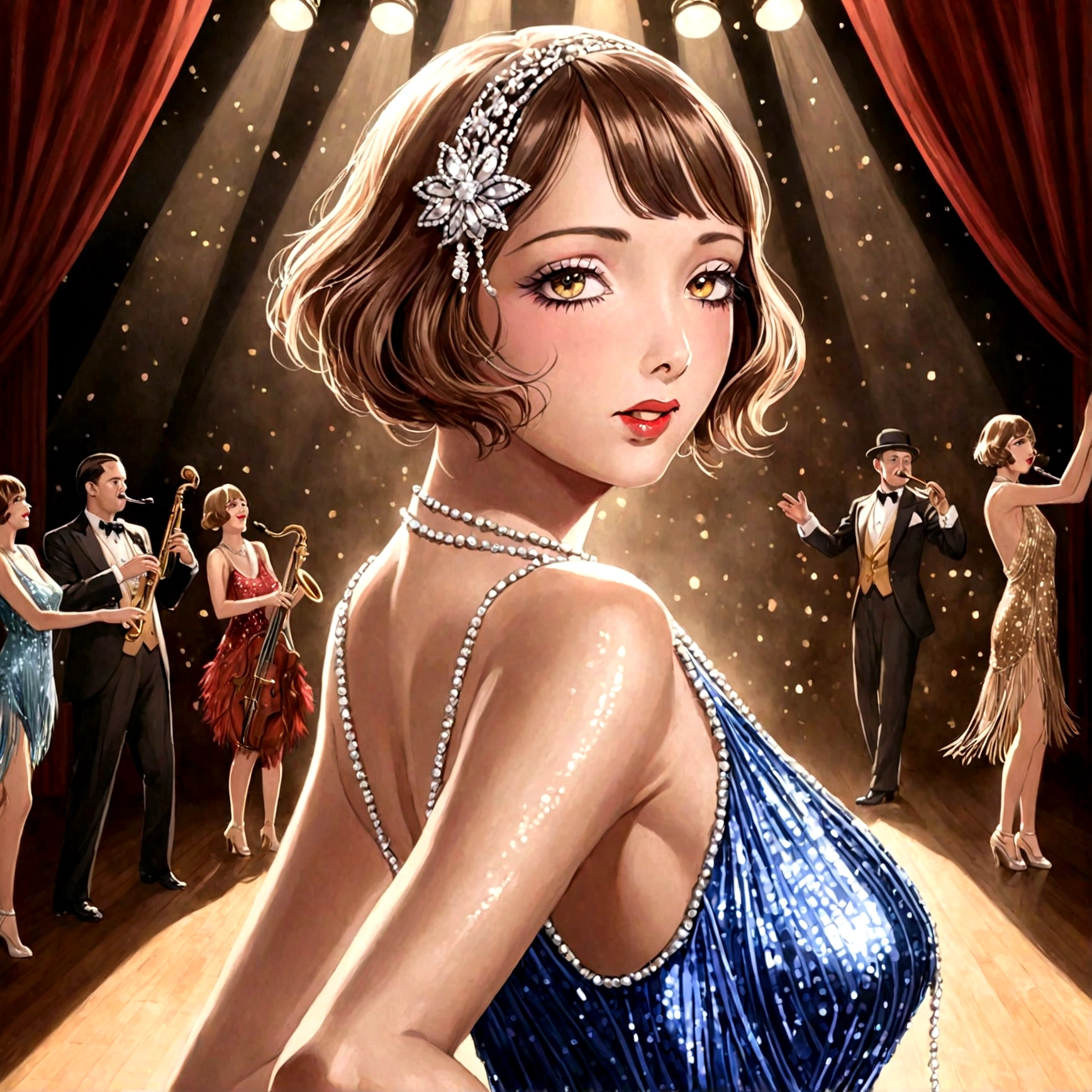 a woman dancing the charleston on a stage, flapper style, shiny sequin dress, 1920s jazz band playing, elegant ballroom, high quality, detailed, photorealistic, warm lighting, dynamic composition, beautiful detailed face and eyes, long eyelashes, glamorous, dramatic, vibrant colors, dramatic lighting