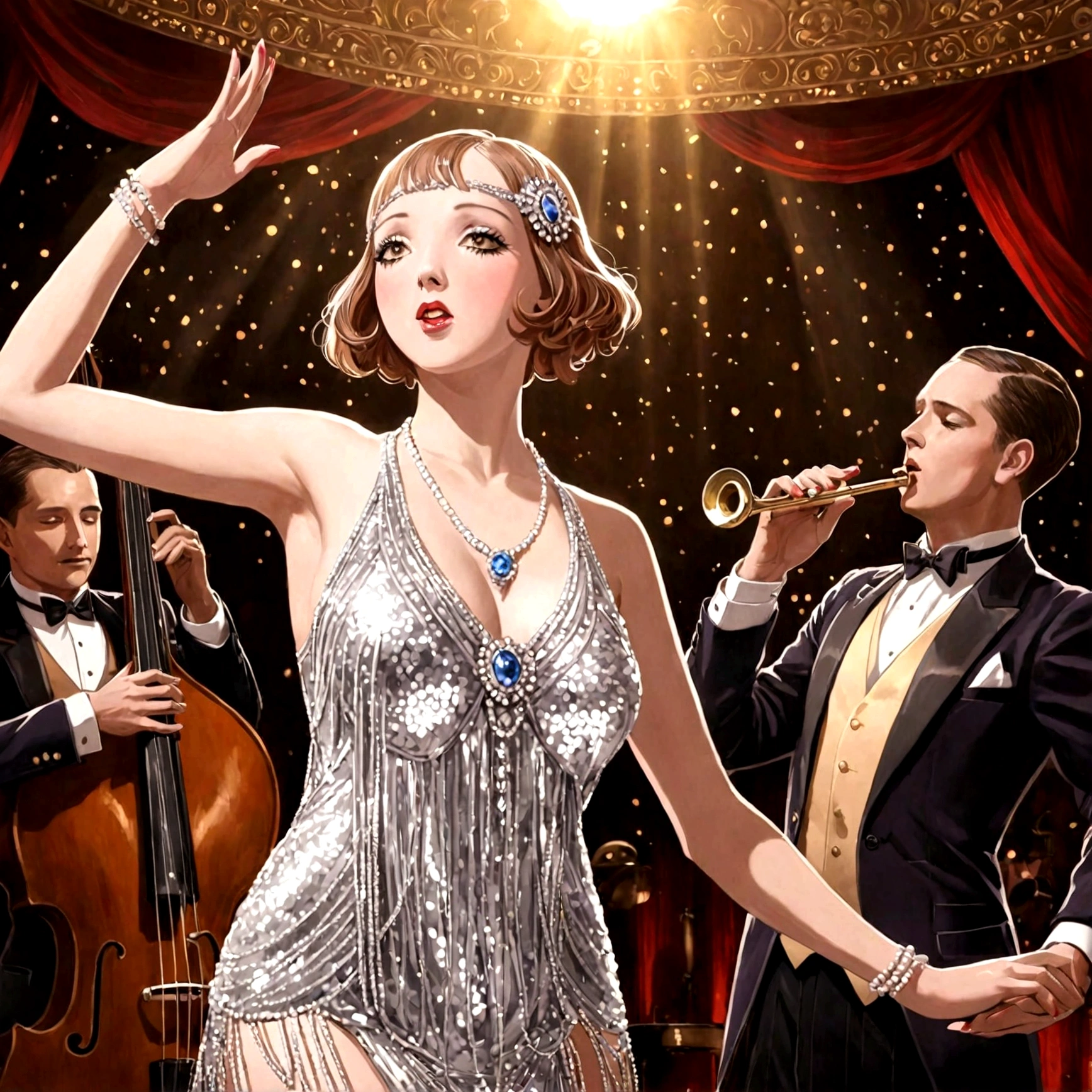 a woman dancing the charleston on a stage, flapper style, shiny sequin dress, 1920s jazz band playing, elegant ballroom, high quality, detailed, photorealistic, warm lighting, dynamic composition, beautiful detailed face and eyes, long eyelashes, glamorous, dramatic, vibrant colors, dramatic lighting
