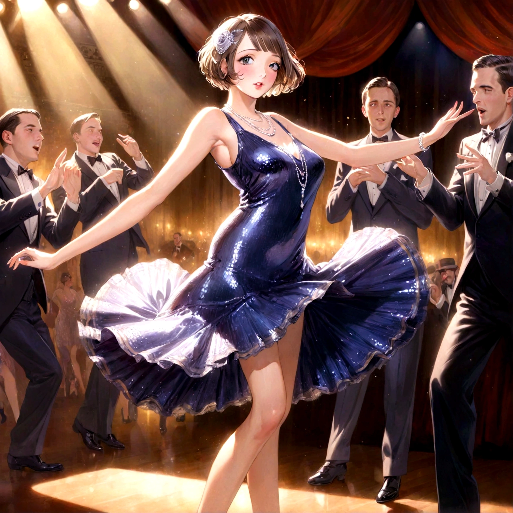 a woman dancing the charleston on a stage, flapper style, shiny sequin dress, 1920s jazz band playing, elegant ballroom, high quality, detailed, photorealistic, warm lighting, dynamic composition, beautiful detailed face and eyes, long eyelashes, glamorous, dramatic, vibrant colors, dramatic lighting
