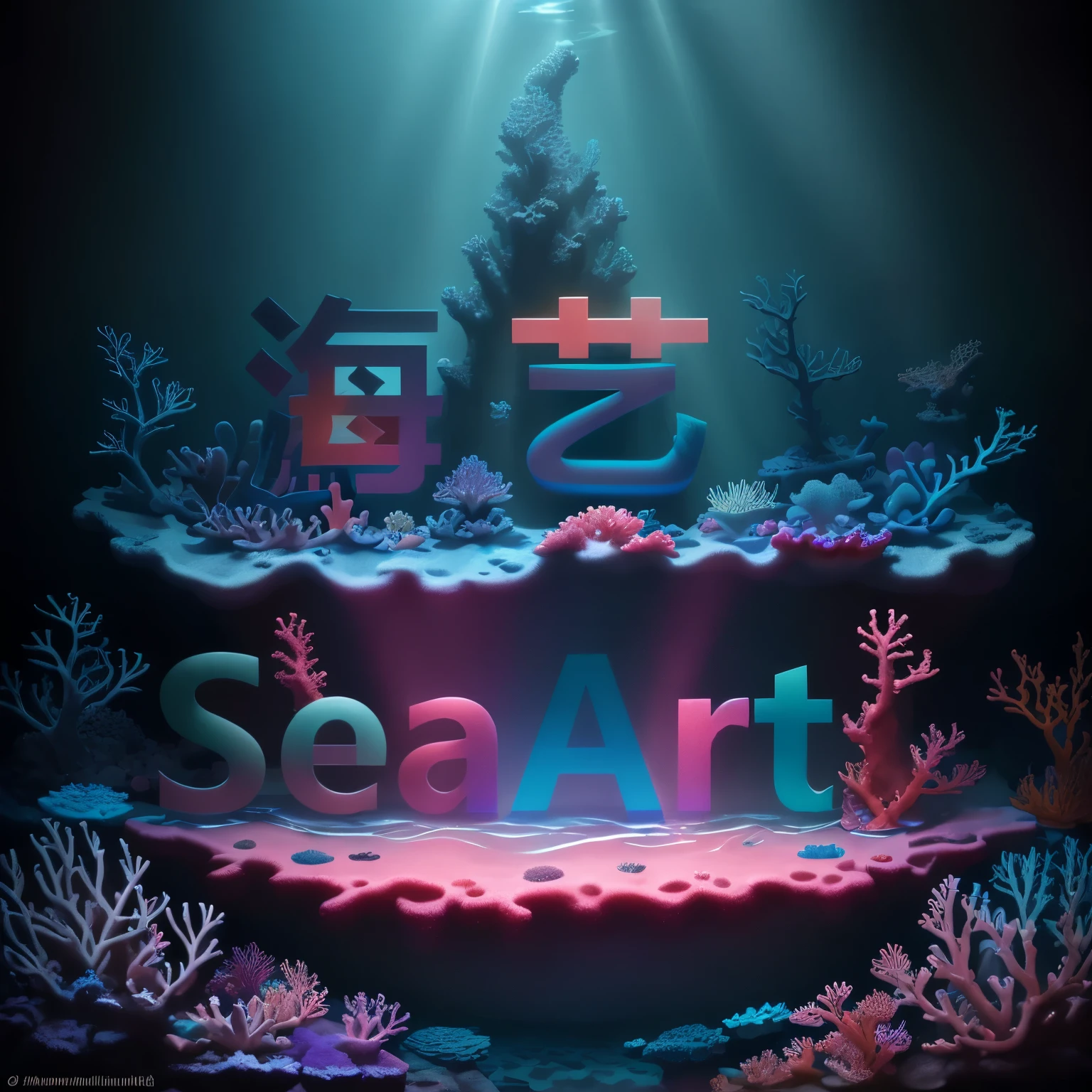 In the darkness of the deep sea, a beam of light penetrates the water surface, illuminating a colorful coral reef. Coral reefs are home to various uniquely shaped creatures that seem to embody creativity, emitting enchanting light and surrealism. The colors are bright and soft, emphasizing contrast between light and shadow and detailed depictions.
