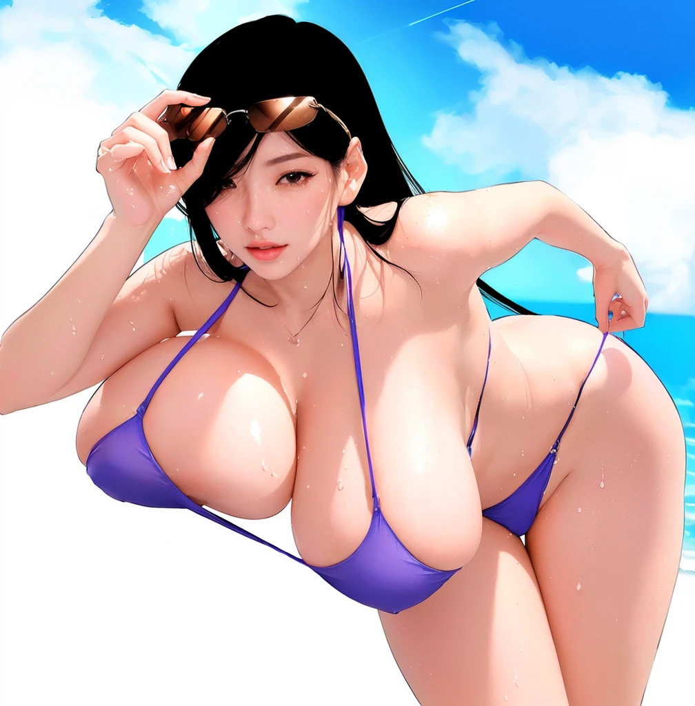 Photorealistic, Masterpiece, Beautiful, rectangular sunglasses, big boobs, hanging boobs , blue bikini, oiled , glossy skin, wet, big butt, curvy, photon mapping, radiosity, 