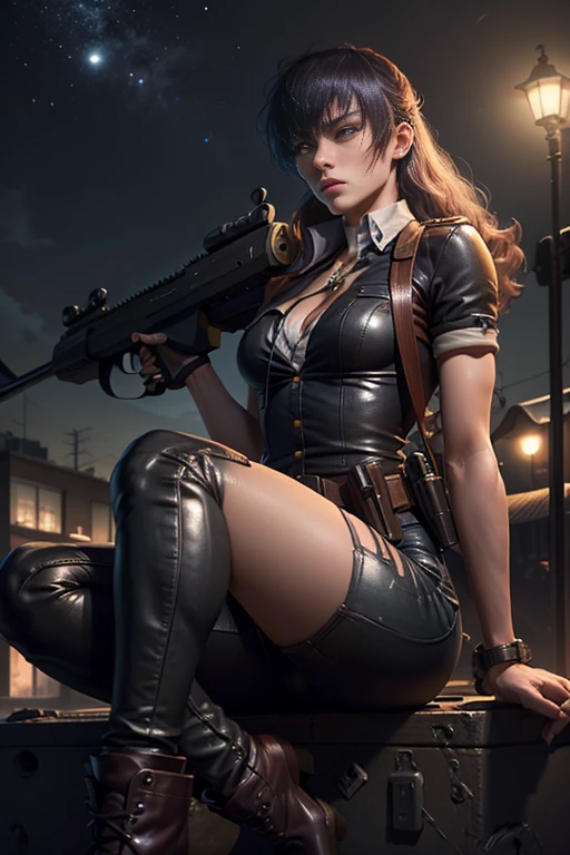 (highest quality、Ultra-high resolution、masterpiece、8K)、((Realistic、Ultra-realistic、Realistic)), anime「Black Lagoon」Roberta, 1 girl 、Full Body Portrait、Young and very beautiful woman、Slender、Slim Waist、Sharp long legs、sniper rifle, gun at you ,Aiming at the audience, holding a gun, (realistic and detailed gun) 、Collared shirt、pants、boots、Cleavage、Sharp Eyes、Hated、Murderous expression、(Delicate face、Detailed eyes and face、double eyelid、Red lips)、Night view of an empty city、Starry Sky、Wind、moon