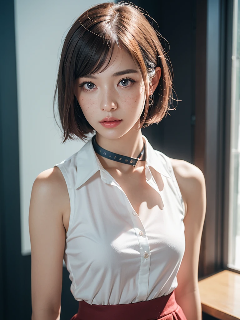 (masterpiece, best quality:1.2), (8k uhd, 16k, 32k, ultra high res), (photorealistic:1.37), (RAW photo), ultimate-realistic, ultimate-realistic details, ultimate-realistic texture, ultimate-intricate details, ultimate-realistic lighting, ultimate-realistic shadow, japanese girl, 24yo, ultimate-cute face, ultimate-RAW skin, ultimate-eyes, A beautiful striking female teacher in the classroom, crimson hair with pink tips, blue Hair bobbles, bob haircut, blue eyes, light make-up, ruby lips, smooth, soft face, sculpted body, toned physique. she wearing sleeveless satin shirt that is white, classic collar shirt, cropped shirt, deep v-neck, elegant, passionate and beauty, red skirt, silver bracelet, sharp focus, studio photo, intricate details, highly detailed, by greg rutkowski. Gorgeous teacher stands confidently in the classroom with class board behind her, softly evening lighting from windows side, silhouette, light shadow, film grain, Hasselblad X2D 100C + XCD 2,5/25V, F/1.8, (cinematic still:1.2), freckles, 35mm photograph, film, bokeh, professional, 4k, highly detailed, perfect fingers ,Extremely Realistic, UHD,