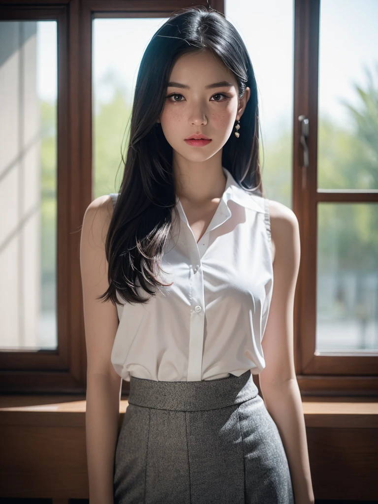 (masterpiece, best quality:1.2), (8k uhd, 16k, 32k, ultra high res), (photorealistic:1.37), (RAW photo), ultimate-realistic, ultimate-realistic details, ultimate-realistic texture, ultimate-intricate details, ultimate-realistic lighting, ultimate-realistic shadow, japanese girl, 24yo, ultimate-cute face, ultimate-RAW skin, ultimate-eyes, A beautiful striking female teacher in the classroom, crimson hair with pink tips, blue Hair bobbles, bob haircut, blue eyes, light make-up, ruby lips, smooth, soft face, sculpted body, toned physique. she wearing sleeveless satin shirt that is white, classic collar shirt, cropped shirt, deep v-neck, elegant, passionate and beauty, red skirt, silver bracelet, sharp focus, studio photo, intricate details, highly detailed, by greg rutkowski. Gorgeous teacher stands confidently in the classroom with class board behind her, softly evening lighting from windows side, silhouette, light shadow, film grain, Hasselblad X2D 100C + XCD 2,5/25V, F/1.8, (cinematic still:1.2), freckles, 35mm photograph, film, bokeh, professional, 4k, highly detailed, perfect fingers ,Extremely Realistic, UHD,