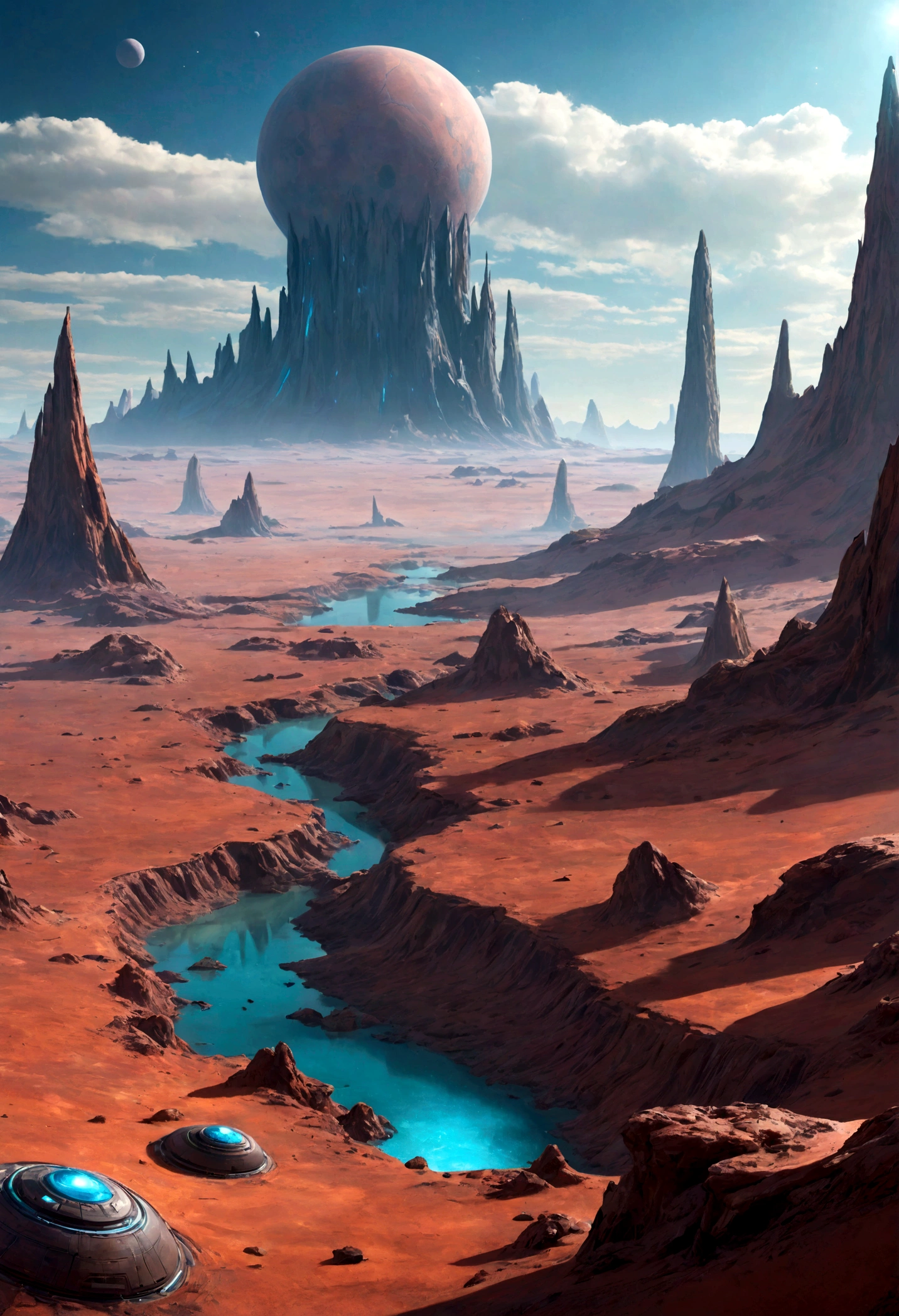 A landscape on a distant planet with unusual terrain and alien lifeforms.