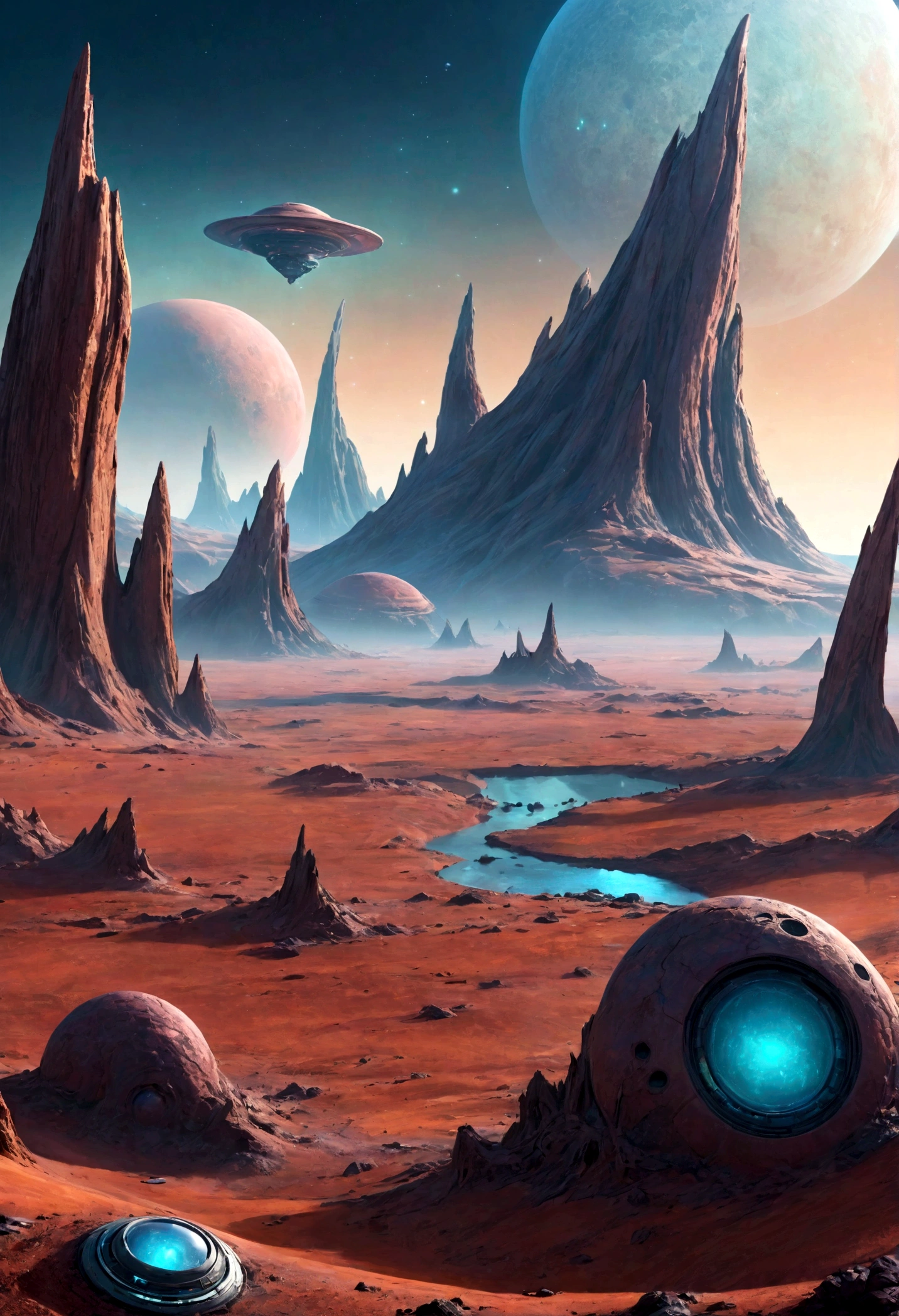 A landscape on a distant planet with unusual terrain and alien lifeforms.
