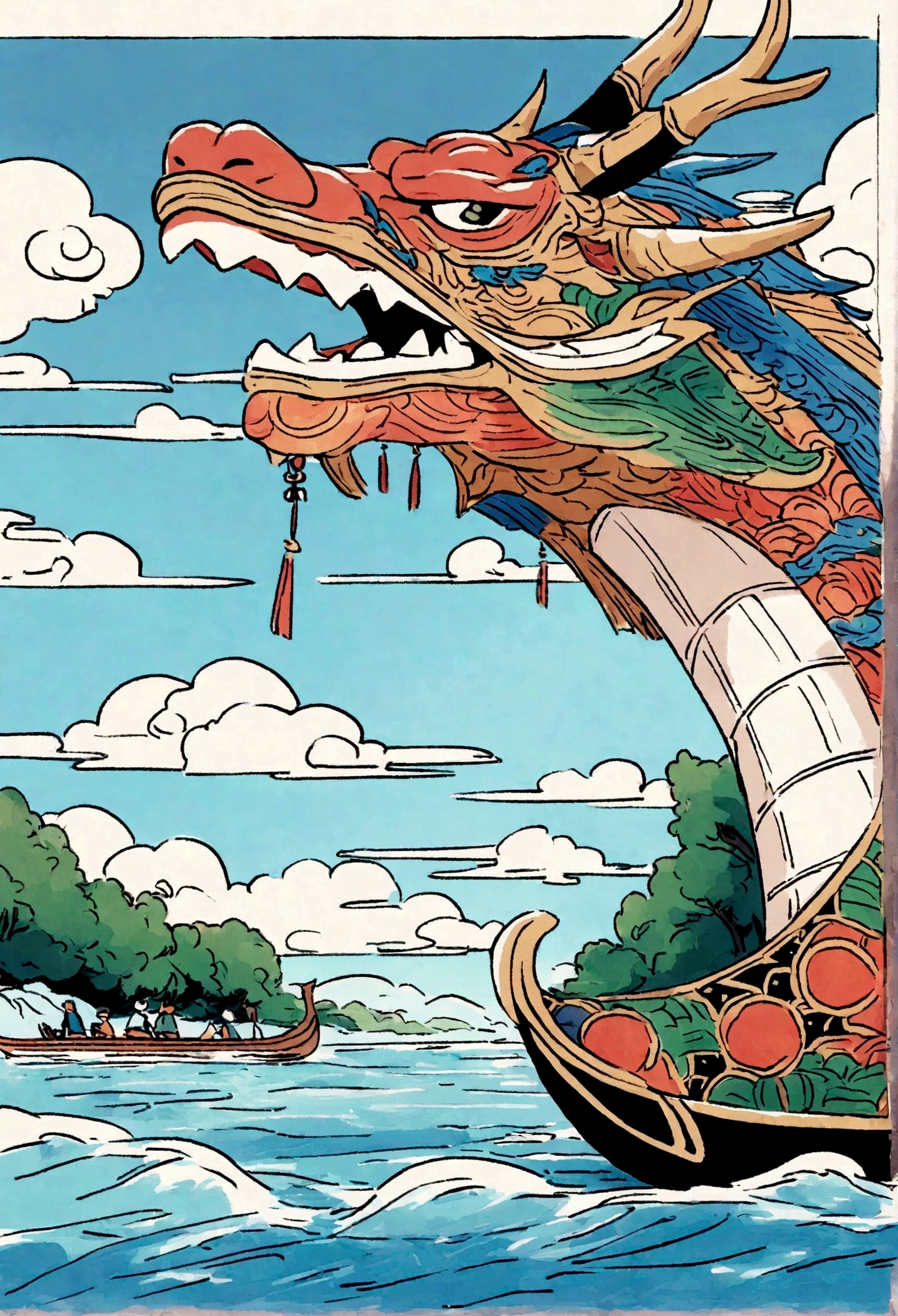A cute and rough crayon-style doodle of a dragon boat floating on a river. The dragon boat is shown from a distant side-front view, fully visible, with colorful dragon head and traditional Chinese patterns. There are oars on both sides of the boat, but no people on it. The river has gentle waves, and the background includes green trees and blue sky with fluffy clouds.