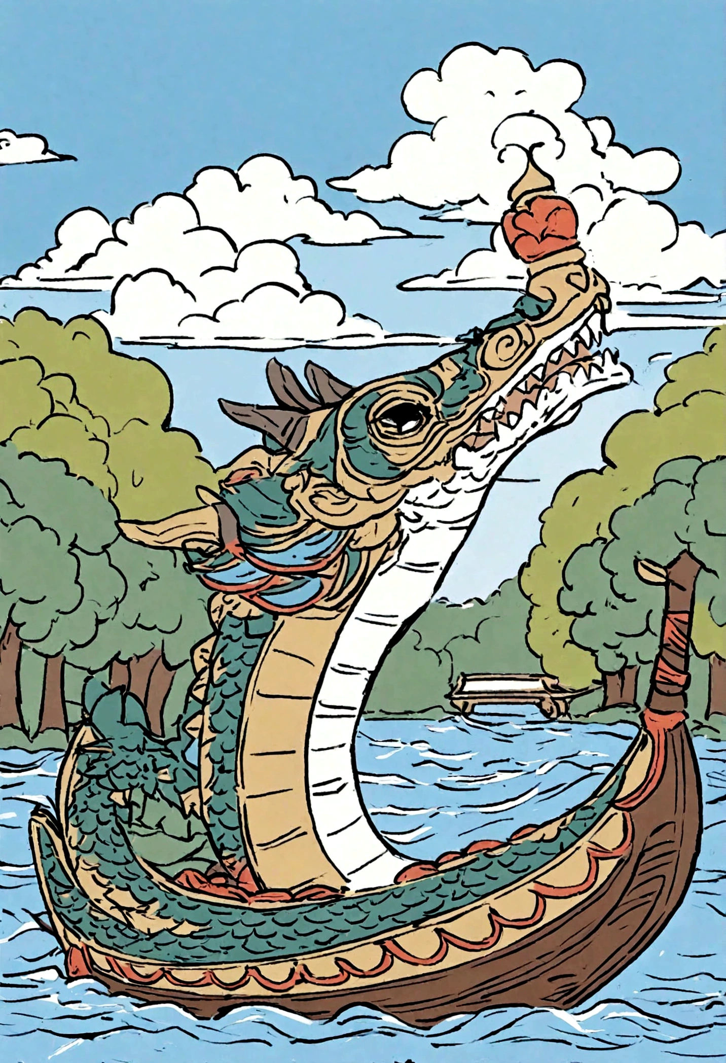 A cute and rough crayon-style doodle of a dragon boat floating on a river. The dragon boat is shown from a distant side-front view, fully visible, with colorful dragon head and traditional Chinese patterns. There are oars on both sides of the boat, but no people on it. The river has gentle waves, and the background includes green trees and blue sky with fluffy clouds.