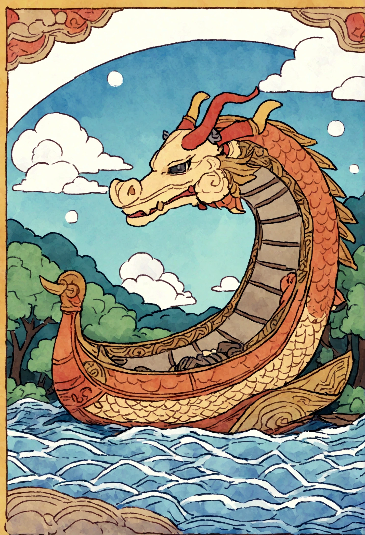 A cute and rough crayon-style doodle of a dragon boat floating on a river. The dragon boat is shown from a distant side-front view, fully visible, with colorful dragon head and traditional Chinese patterns. There are oars on both sides of the boat, but no people on it. The river has gentle waves, and the background includes green trees and blue sky with fluffy clouds.