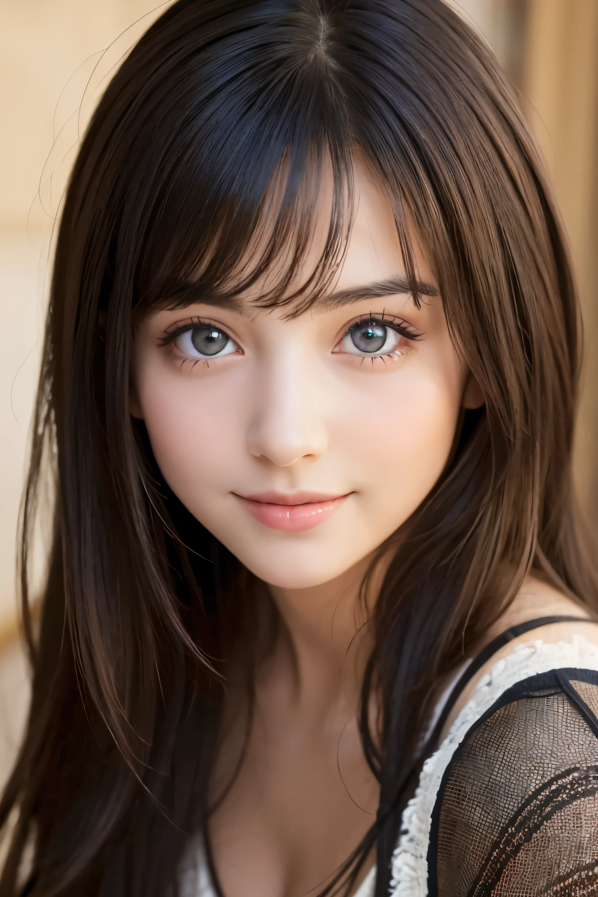 Italian、French、smile、woman、young、Shining eyes、Big eyes、Beauty、beautiful、Transparent black、camisole、