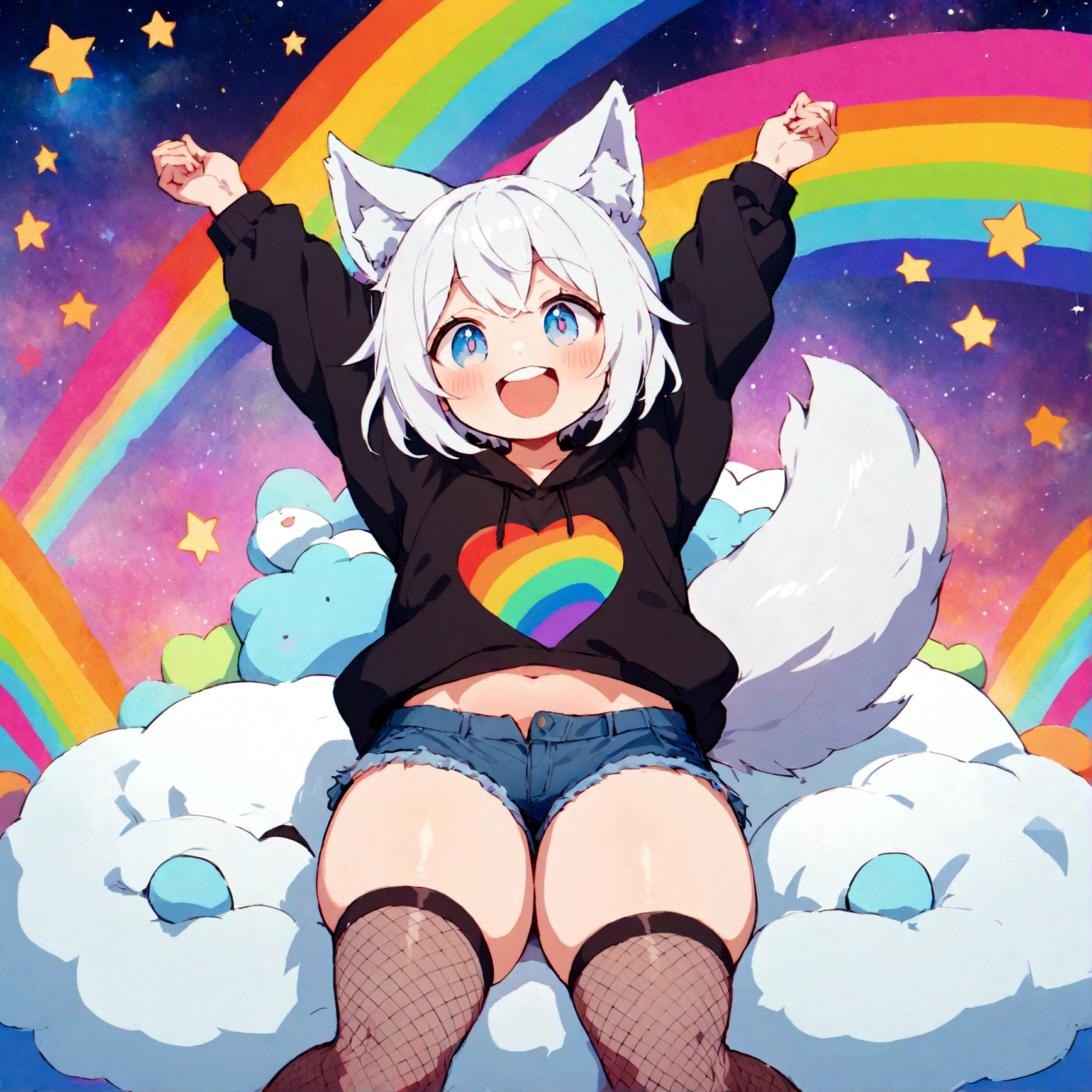 a cute adult male with wolf ears, white hair, has a wolf tail, wearing a loose cropped oversized black hoodie, wearing a pair of denim short shorts and thigh high fishnet stockings, thick thighs, wide hips, relaxing on mound of fluffy multi colored kawaii plushies, short, very slim, showing slender tummy, stretching out, heart on hoodie, squishy thighs, has glowing blue eyes. alone, solo (ALONE)(SOLO), surrounded by rainbows, colorful galaxy backround, mouth wide open grin, very happy, excited, nice butt