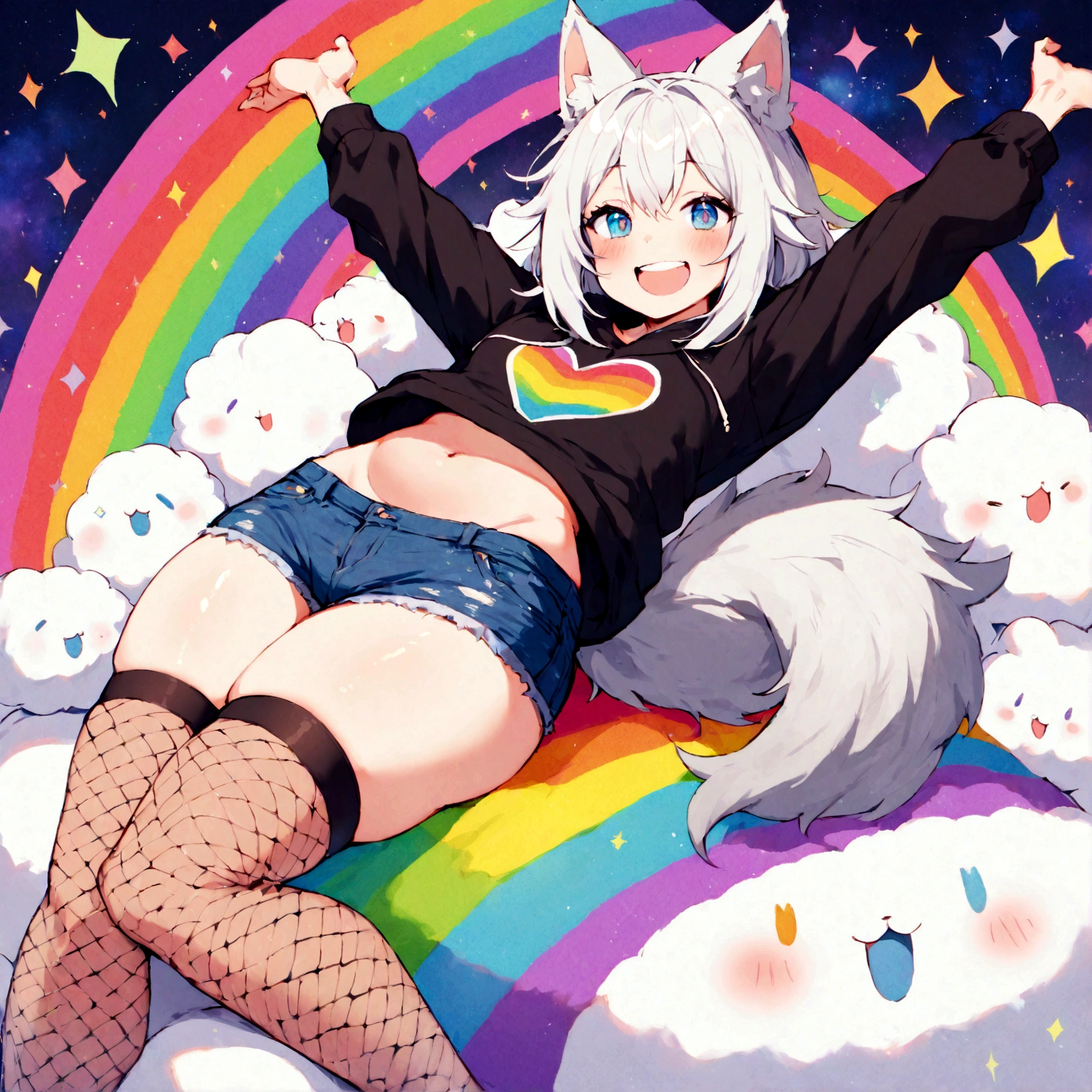 a cute adult male with wolf ears, white hair, has a wolf tail, wearing a loose cropped oversized black hoodie, wearing a pair of denim short shorts and thigh high fishnet stockings, thick thighs, wide hips, relaxing on mound of fluffy multi colored kawaii plushies, short, very slim, showing slender tummy, stretching out, heart on hoodie, squishy thighs, has glowing blue eyes. alone, solo (ALONE)(SOLO), surrounded by rainbows, colorful galaxy backround, mouth wide open grin, very happy, excited, nice butt