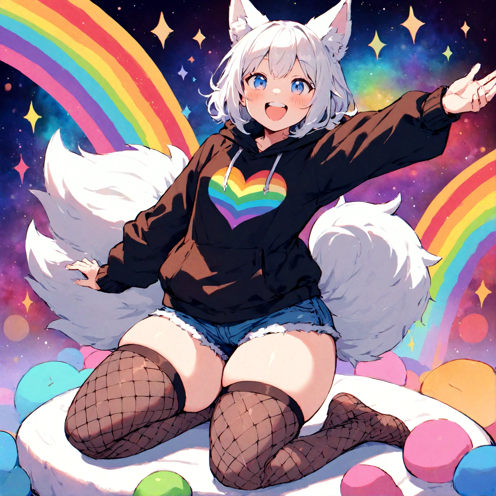 a cute adult male with wolf ears, white hair, has a wolf tail, wearing a loose cropped oversized black hoodie, wearing a pair of denim short shorts and thigh high fishnet stockings, thick thighs, wide hips, relaxing on mound of fluffy multi colored kawaii plushies, short, very slim, showing slender tummy, stretching out, heart on hoodie, squishy thighs, has glowing blue eyes. alone, solo (ALONE)(SOLO), surrounded by rainbows, colorful galaxy backround, mouth wide open grin, very happy, excited, nice butt