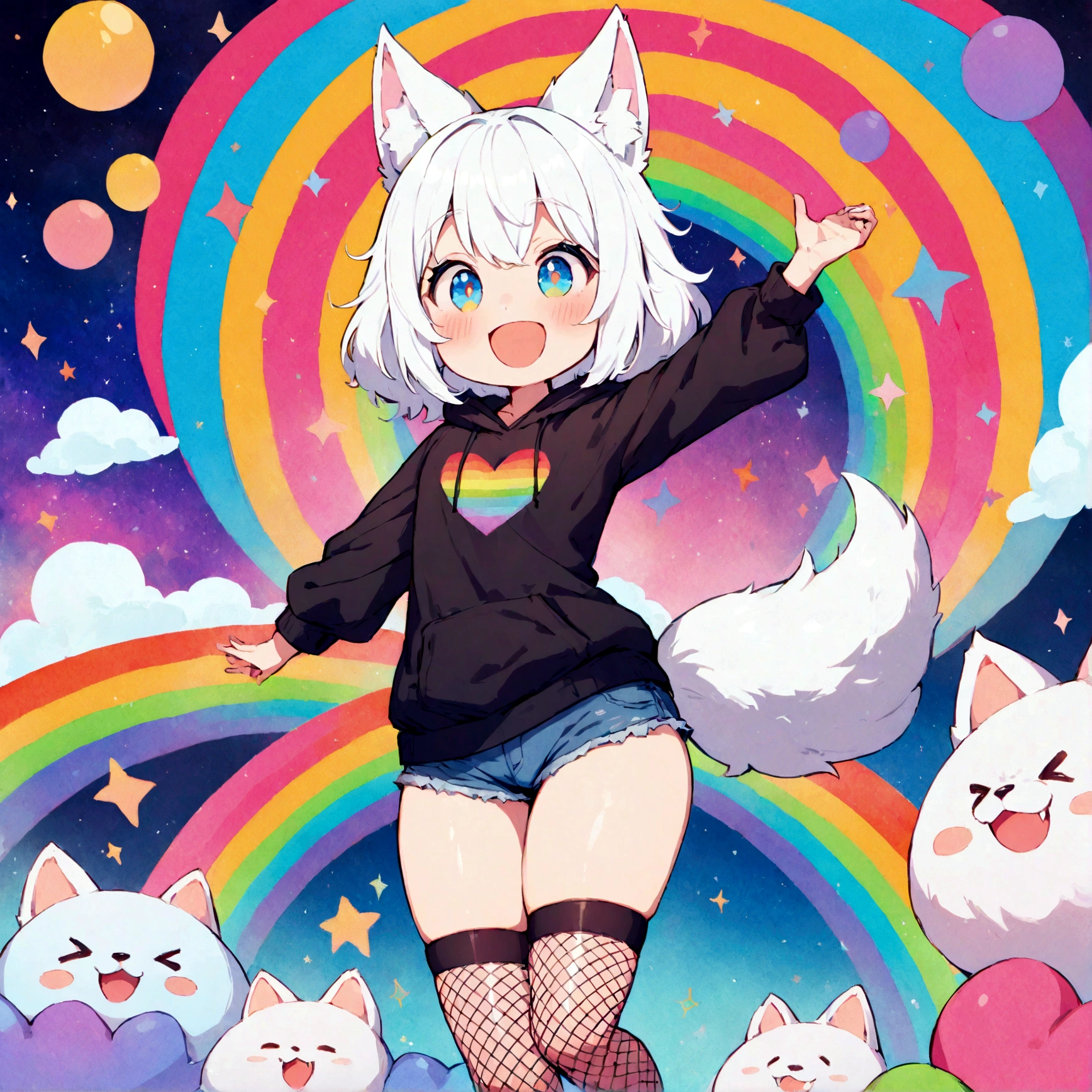 a cute adult male with wolf ears, white hair, has a wolf tail, wearing a loose cropped oversized black hoodie, wearing a pair of denim short shorts and fishnet stockings, thick thighs, wide hips, relaxing on mound of fluffy multi colored kawaii plushies, short, very slim, showing slender tummy, stretching out, heart on hoodie, squishy thighs, has glowing blue eyes. alone, solo (ALONE)(SOLO), surrounded by rainbows, colorful galaxy backround