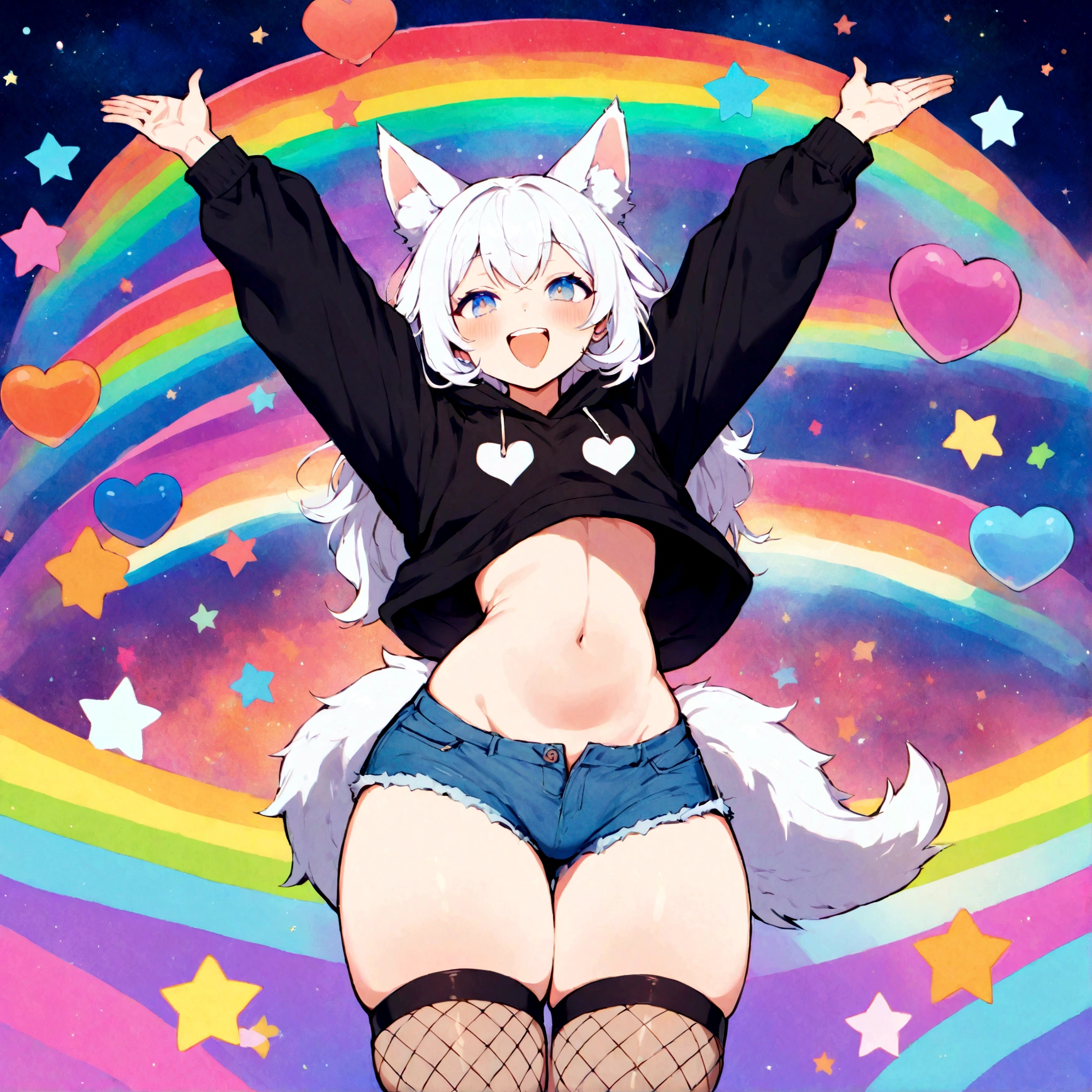a cute adult male with wolf ears, white hair, has a wolf tail, wearing a loose cropped oversized black hoodie, wearing a pair of denim short shorts and thigh high fishnet stockings, thick thighs, wide hips, relaxing on mound of fluffy multi colored kawaii plushies, short, very slim, showing slender tummy, stretching out, heart on hoodie, squishy thighs, has glowing blue eyes. alone, solo (ALONE)(SOLO), surrounded by rainbows, colorful galaxy backround, mouth wide open grin, very happy, excited, nice butt