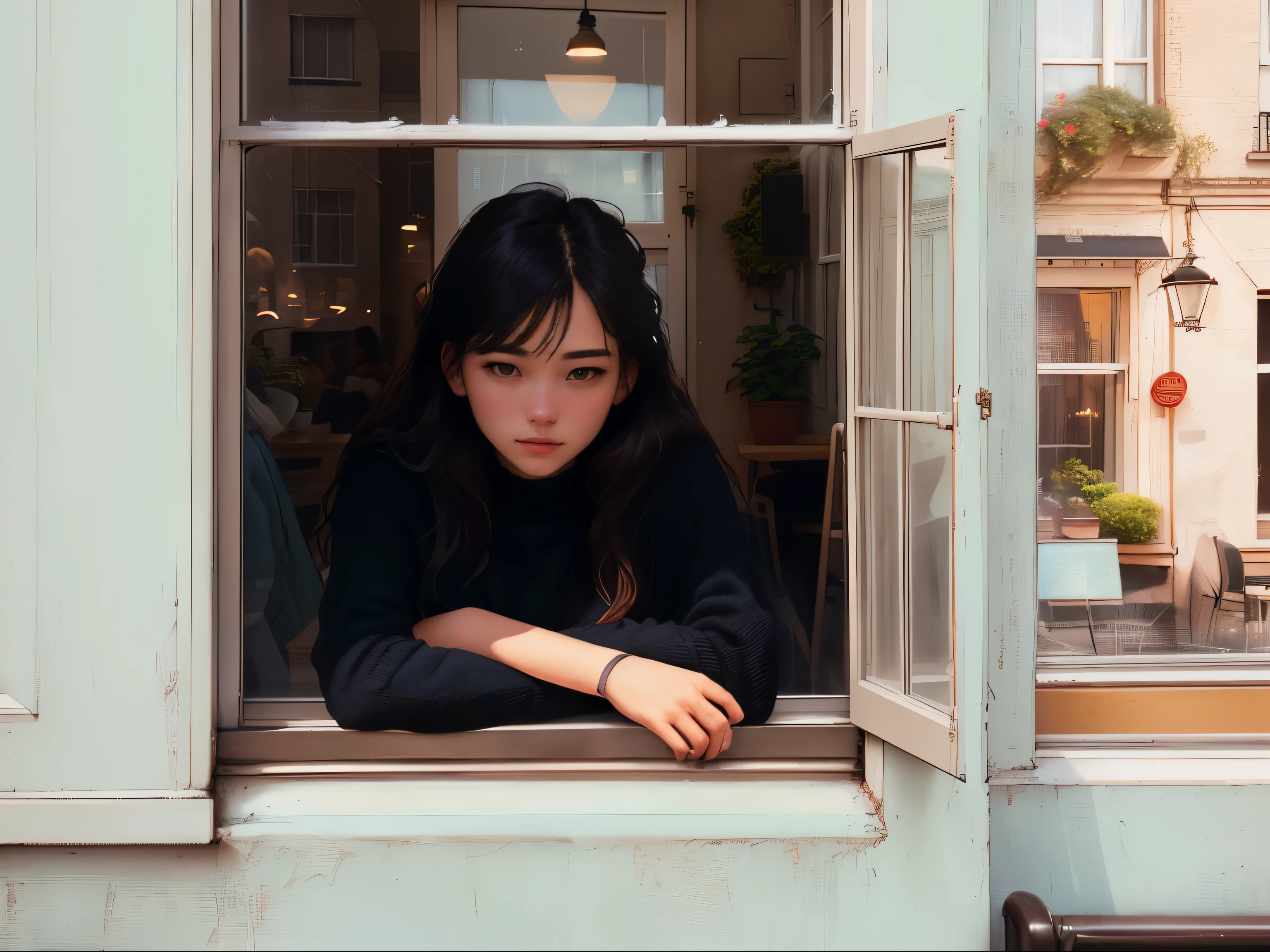 there is a woman that is looking out of a window, the window is open, window open, window, looking in the window, mysterious coffee shop girl, lofi portrait at a window, near a window, next to window, next to a big window, , , Sitting alone in a cafe, Opening Shot, next to a window, leaning against the window