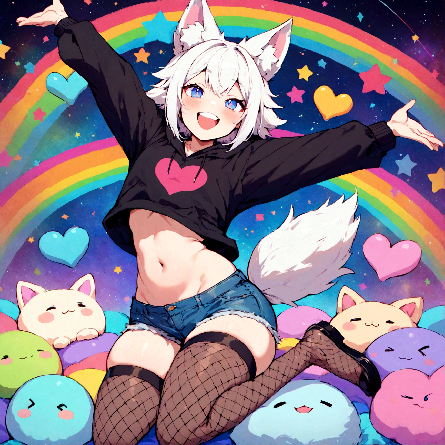 a cute adult male with wolf ears, white hair, has a wolf tail, wearing a loose cropped oversized black hoodie, wearing a pair of denim short shorts and thigh high fishnet stockings, thick thighs, wide hips, relaxing on mound of fluffy multi colored kawaii plushies, short, very slim, showing slender tummy, stretching out, heart on hoodie, squishy thighs, has glowing blue eyes. alone, solo (ALONE)(SOLO), surrounded by rainbows, colorful galaxy backround, mouth wide open grin, very happy, excited, nice butt