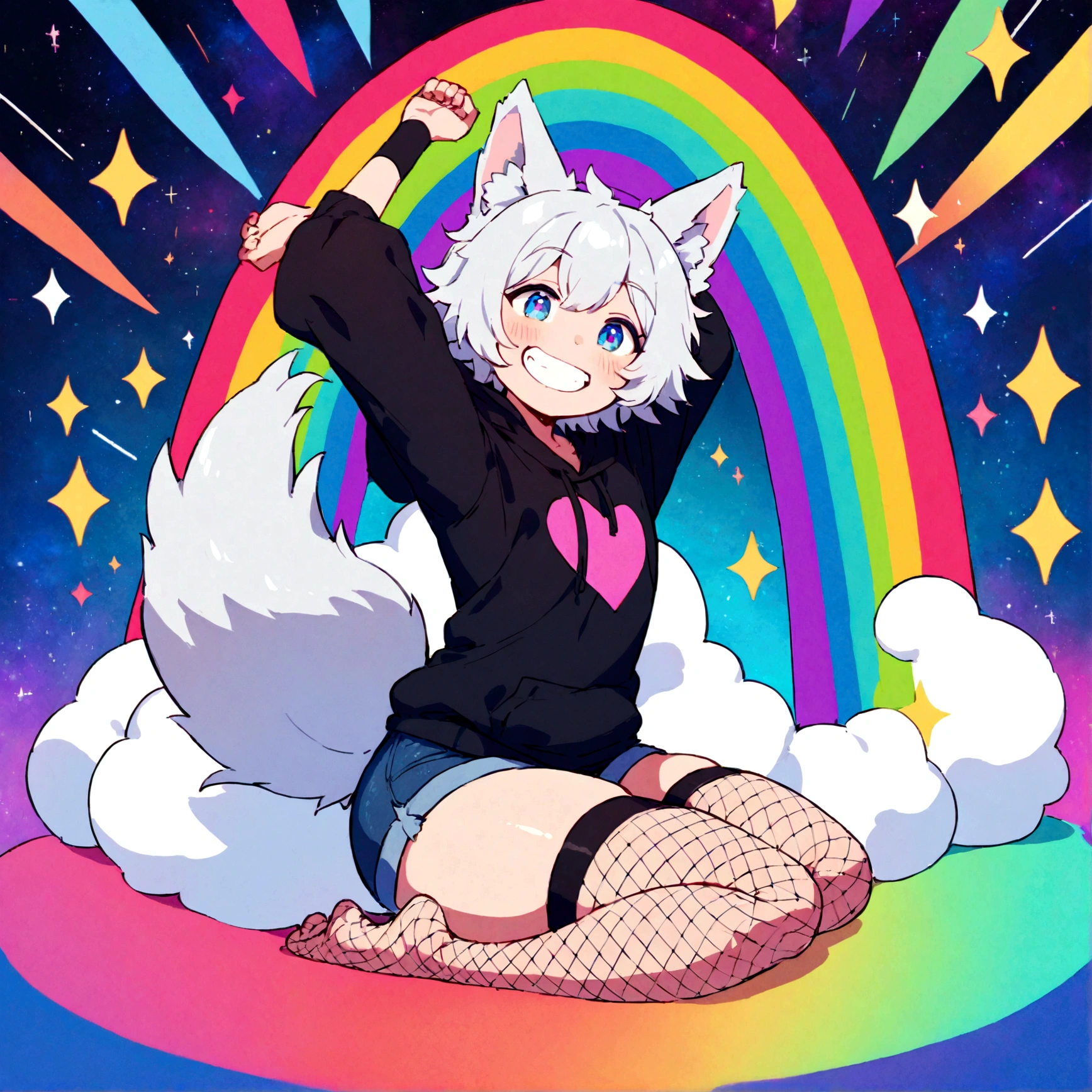 a cute adult male with wolf ears, white hair, has a wolf tail, wearing a loose cropped oversized black hoodie, wearing a pair of denim short shorts and thigh high fishnet stockings, thick thighs, wide hips, relaxing on mound of fluffy multi colored kawaii plushies, short, very slim, showing slender tummy, stretching out, heart on hoodie, squishy thighs, has glowing blue eyes. alone, solo (ALONE)(SOLO), surrounded by rainbows, colorful galaxy backround, mouth wide open grin, very happy, excited, nice butt